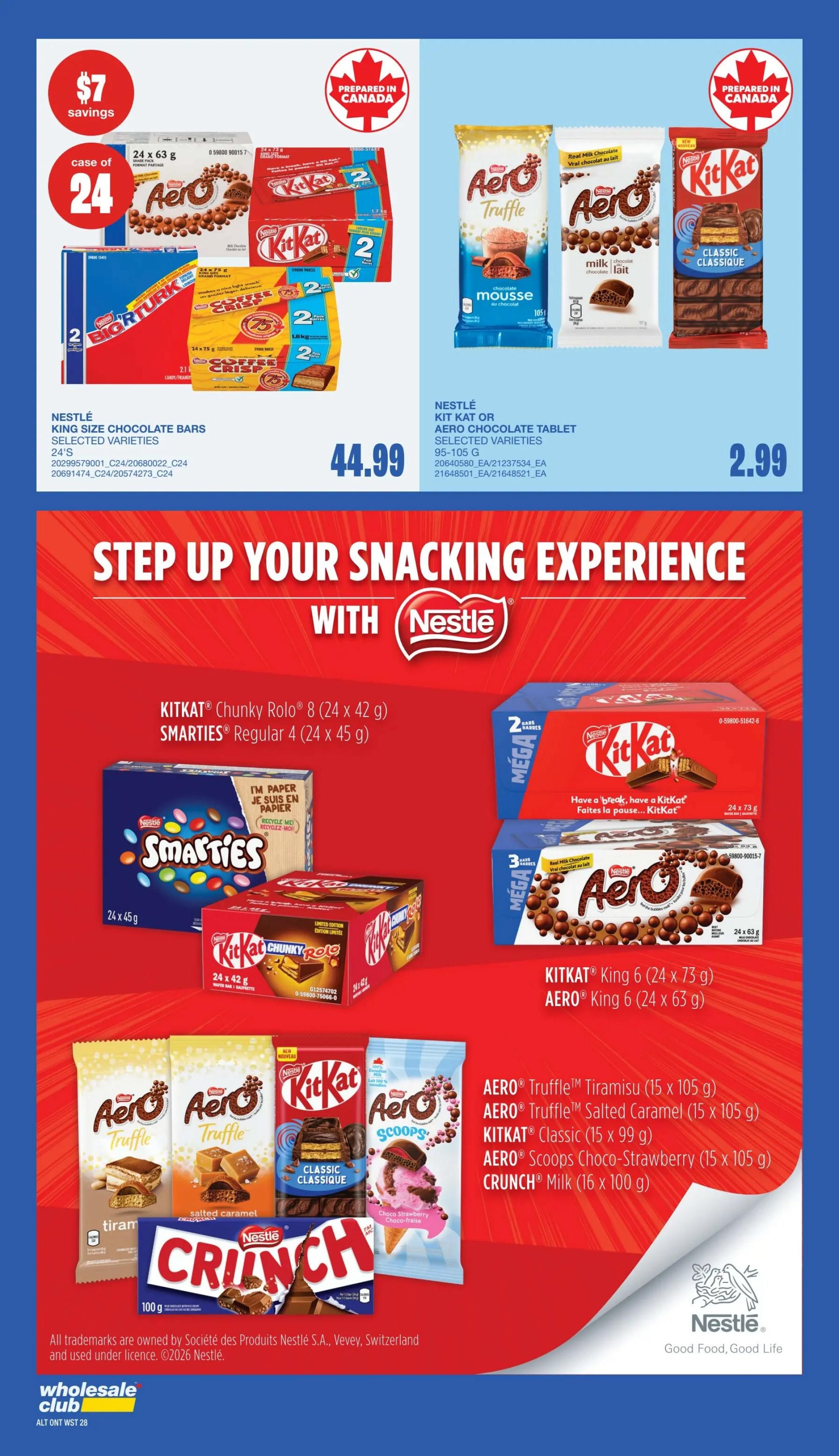 Wholesale Club flyer page 26 featuring a 'Step Up Your Snacking Experience With Nestlé' promotion. Offers include a case of 24 Nestlé Aero King Size Chocolate Bars for $44.99, with $7 savings. Also available are Nestlé Kit Kat or Aero Chocolate Tablets (95-105g) for $2.99. The page highlights various Nestlé products like Kit Kat Chunky Rolo, Smarties, Kit Kat Classic, Aero Truffle (Tiramisu and Salted Caramel), Aero Scoops Choco-Strawberry, and Crunch Milk chocolate bars, with pack sizes and quantities listed. All products are prepared in Canada.