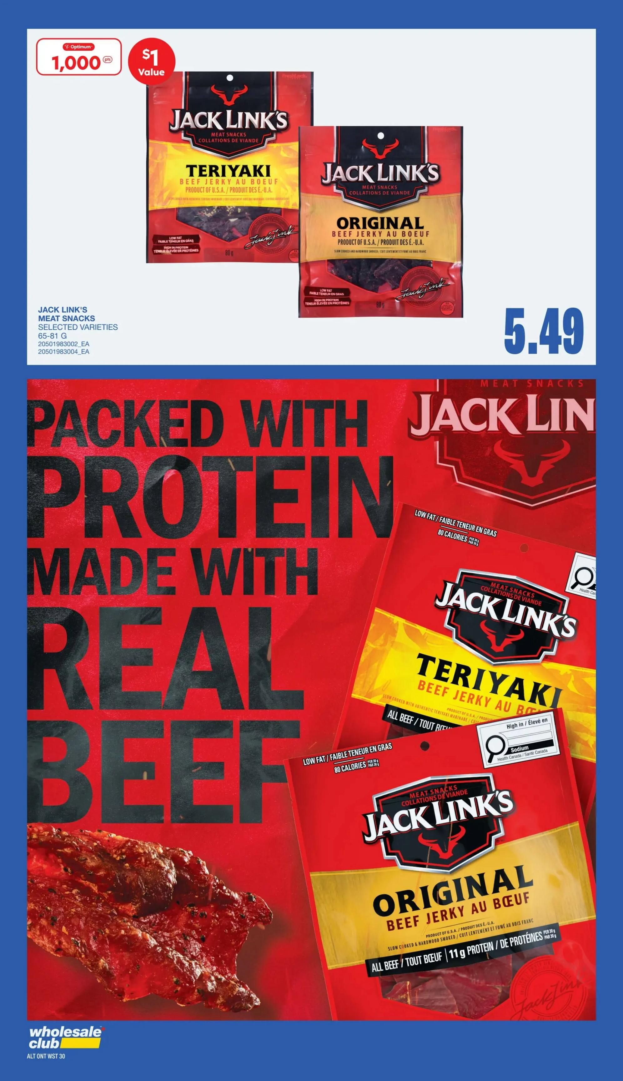Wholesale Club Atlantic Canada flyer, page 28. Features Jack Link's Meat Snacks, selected varieties, 65-81g bags, on sale for $5.49. The page highlights 'Packed with Protein, Made with Real Beef' and shows Jack Link's Original Beef Jerky and Teriyaki Beef Jerky. Both varieties are low fat and high in protein, with 11g of protein per 30g serving. Also advertised is 1,000 Optimum Points when you buy, valued at $1.