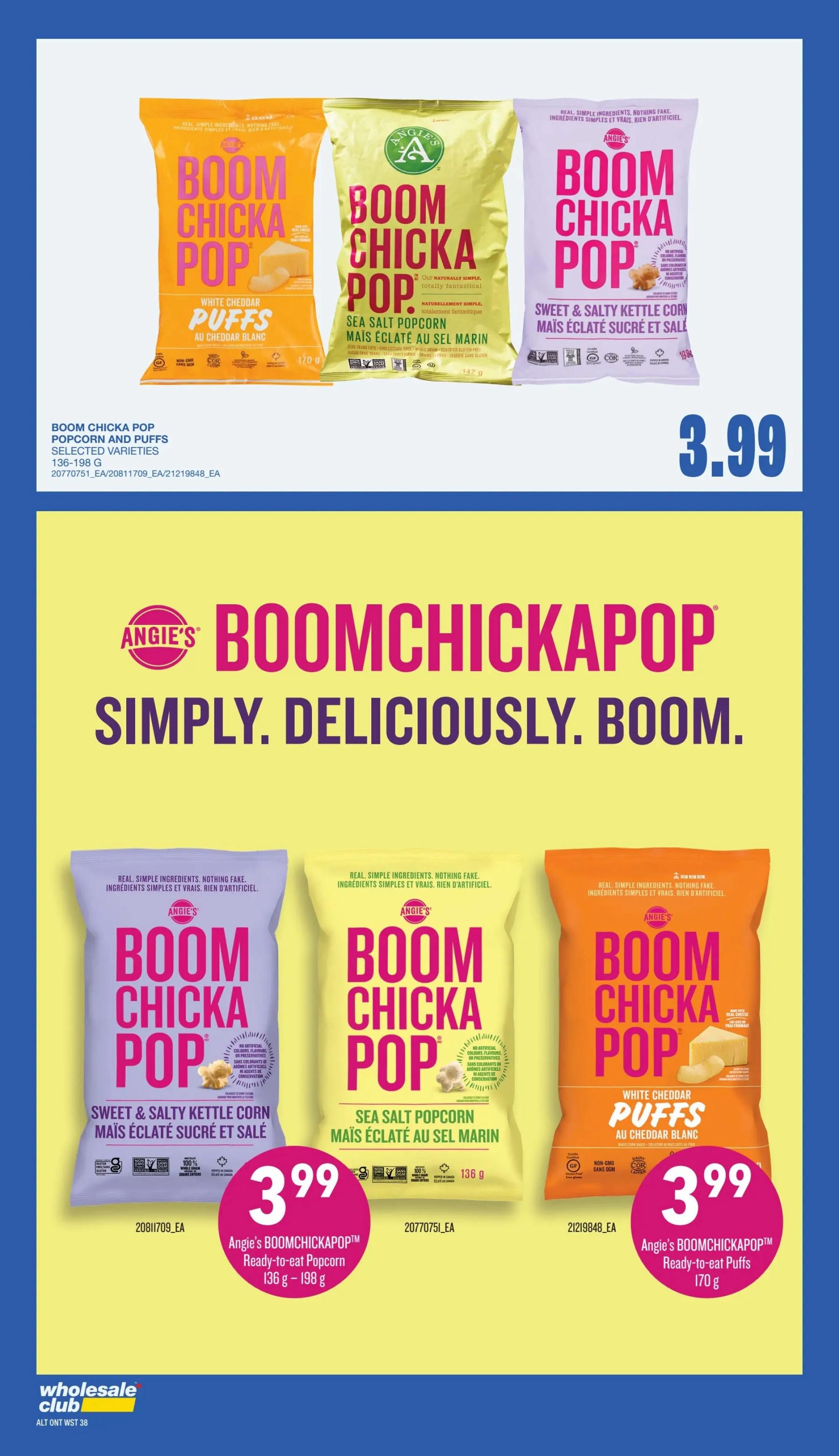 Wholesale Club flyer specials page 35 features Angie's Boomchickapop popcorn and puffs. Three varieties are shown: White Cheddar Puffs, Sea Salt Popcorn, and Sweet & Salty Kettle Corn. The White Cheddar Puffs are priced at $3.99 for 170g. The Sea Salt Popcorn is priced at $3.99 for 136g. The Sweet & Salty Kettle Corn is also priced at $3.99 for 198g. All varieties are gluten-free, non-GMO, and made with real simple ingredients.