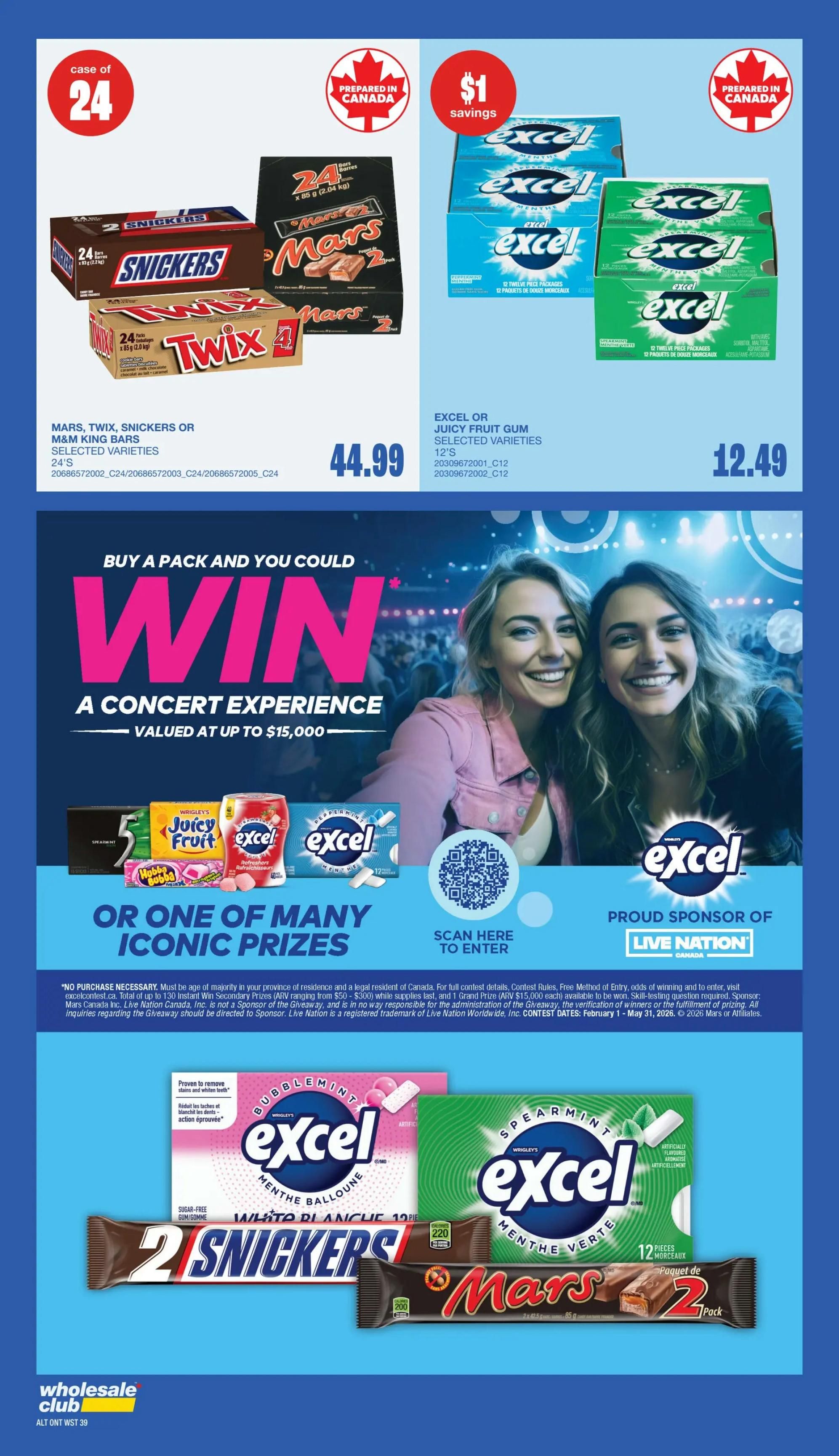 Wholesale Club Atlantic Canada flyer, page 36. Features Mars, Twix, Snickers, or M&M's King Bars, 24's, selected varieties for $44.99. Also features Excel or Juicy Fruit Gum, 12-piece packages, selected varieties for $12.49, with $1 savings. The page also advertises a contest to win a concert experience valued at up to $15,000 or one of many iconic prizes, sponsored by Live Nation Canada. Below, find Excel Bubble Gum, 12 pieces, and Excel Spearmint Gum, 12 pieces, alongside Snickers 2-packs and Mars 2-packs.