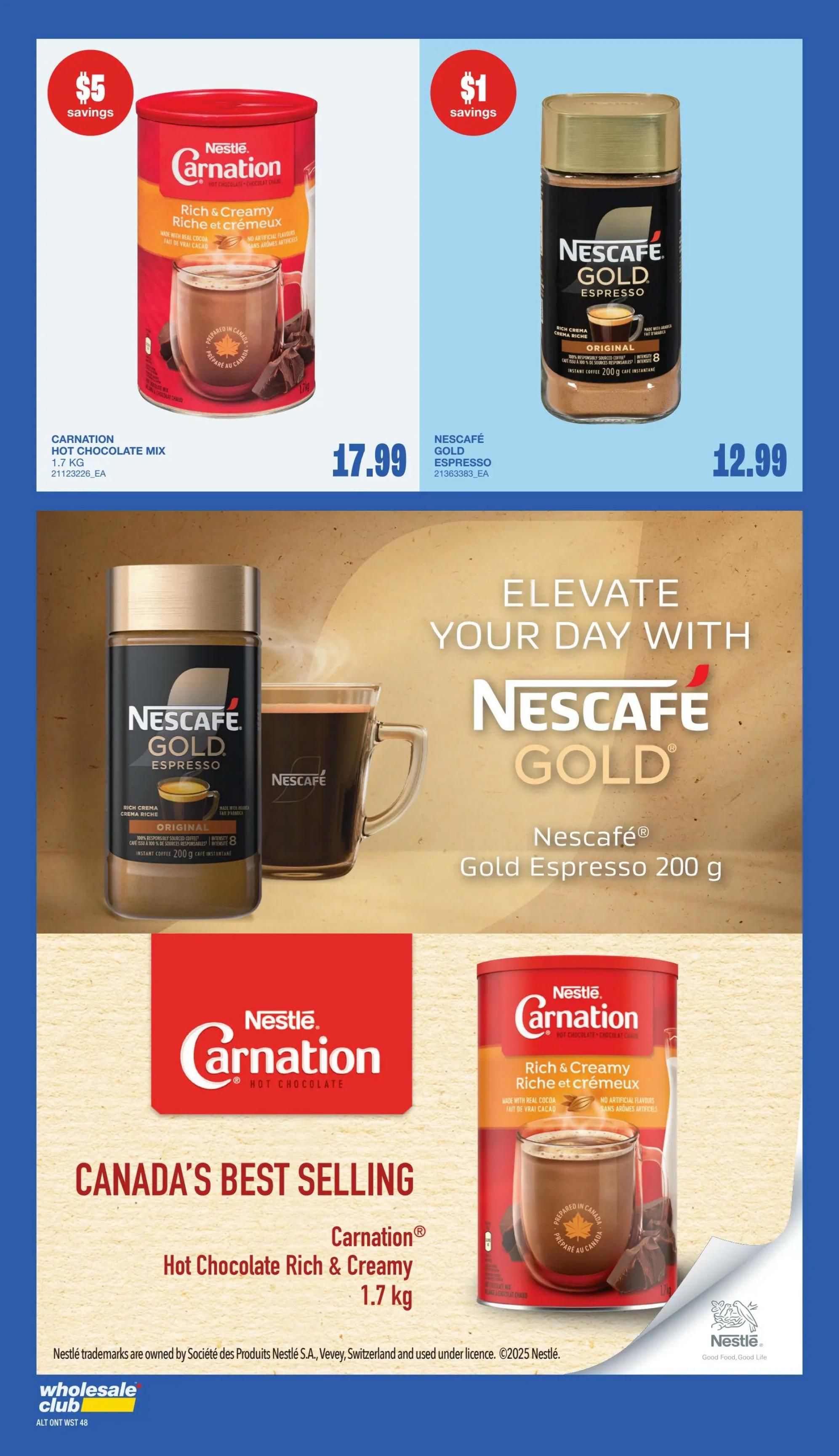Wholesale Club Atlantic Canada flyer page 45 features Nestlé Carnation Hot Chocolate Mix, 1.7 kg, for $17.99 with $5 savings. Also available is Nescafé Gold Espresso Instant Coffee, 200 g, for $12.99 with $1 savings. The page highlights Carnation as Canada's best-selling hot chocolate and promotes Nescafé Gold Espresso with the tagline 'Elevate Your Day'.
