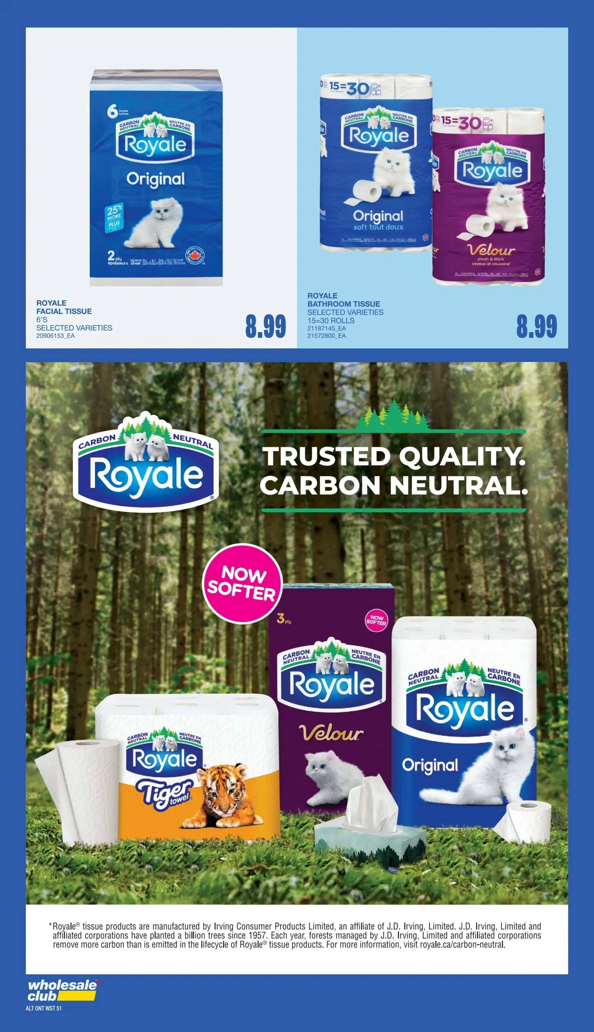Wholesale Club Atlantic Canada flyer specials page 48. Features Royale Carbon Neutral products. On the top left, Royale Original Facial Tissue, 6's, selected varieties, is shown. To the right, Royale Original Bathroom Tissue, 15=30 rolls, selected varieties, is priced at $8.99. The bottom section highlights 'Trusted Quality. Carbon Neutral.' with images of Royale Tiger Towel, Royale Velour Bathroom Tissue (3 ply, now softer), and Royale Original Bathroom Tissue. The page also includes a statement about Royale tissue products being manufactured by Irving Consumer Products Limited and their commitment to planting trees and carbon neutrality, with a call to visit royale.ca/carbon-neutral.