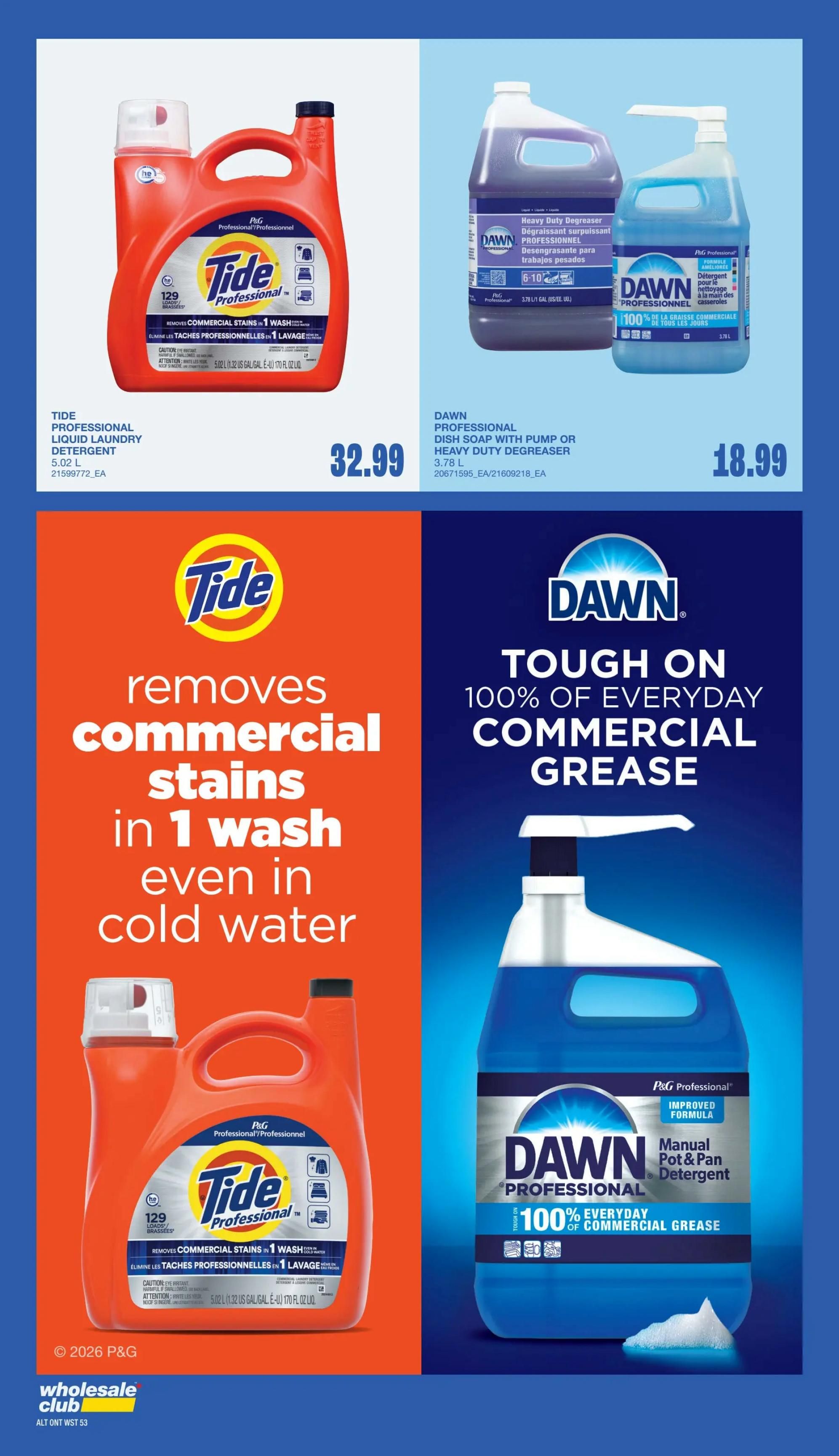 Wholesale Club Atlantic Canada flyer page 50 features Tide Professional Liquid Laundry Detergent in a 5.02 L size for $32.99, advertised to remove commercial stains in one wash, even in cold water. Also featured is Dawn Professional Dish Soap with Pump, Heavy Duty Degreaser in a 3.78 L size for $18.99, with an improved formula that is 100% tough on everyday commercial grease.