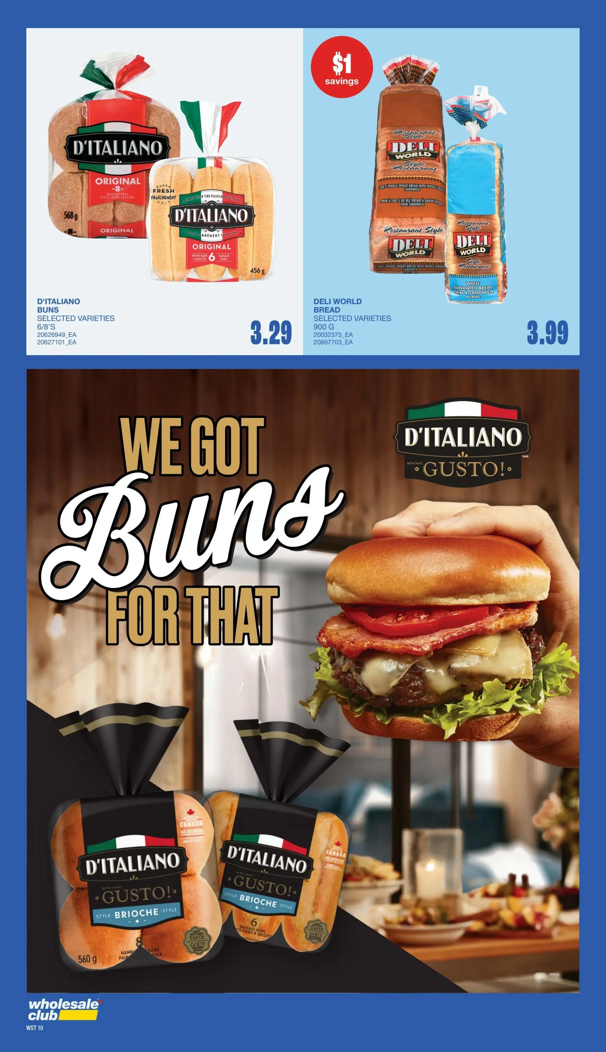 Wholesale Club flyer page 8 features D'Italiano Original Crustini Buns, 8 count, 456g for $3.29 and Deli World Bread, selected varieties, 900g for $3.99 with a $1 savings. The page also highlights D'Italiano Gusto! Brioche Style Hamburger Buns, 6 count, and D'Italiano Gusto! Brioche Style Sausage Buns, 6 count, with a large graphic reading 'We Got Buns For That' and an image of a hamburger.