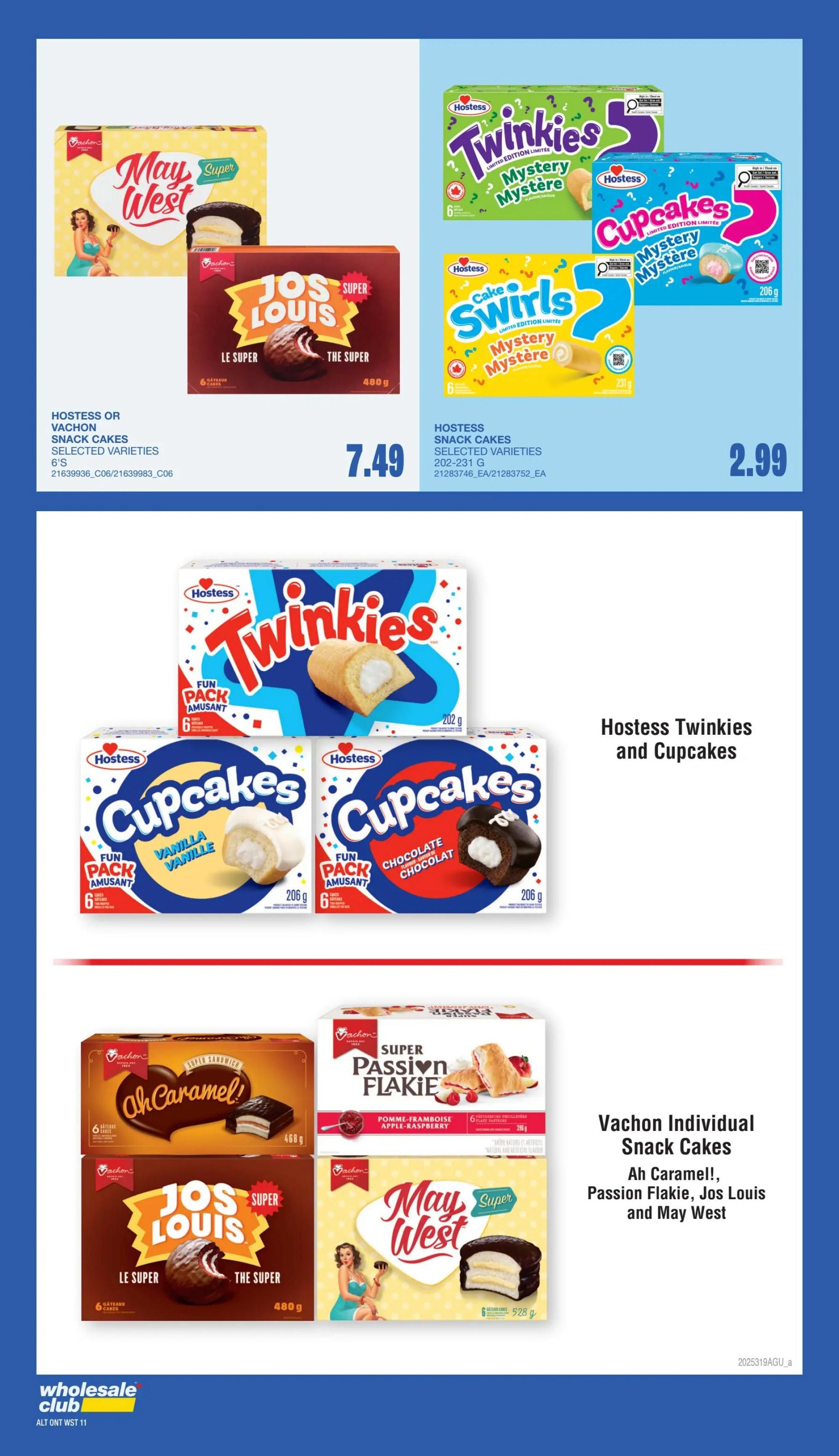 Wholesale Club flyer specials page 9 features a variety of Hostess and Vachon snack cakes. On the top left, Hostess or Vachon snack cakes in selected varieties, 6's, are priced at $7.49. To the right, Hostess Mystery Twinkies and Hostess Cupcakes Mystery flavours are shown. Below these, Hostess Twinkies 'Fun Pack' are displayed. Further down, Vachon Ah Caramel!, Passion Flakie (Apple-Raspberry flavour), Jos Louis, and May West snack cakes are featured. The Vachon Ah Caramel! snack cakes are 468g, Jos Louis are 480g, and May West are 528g. The Vachon Passion Flakie is 396g.