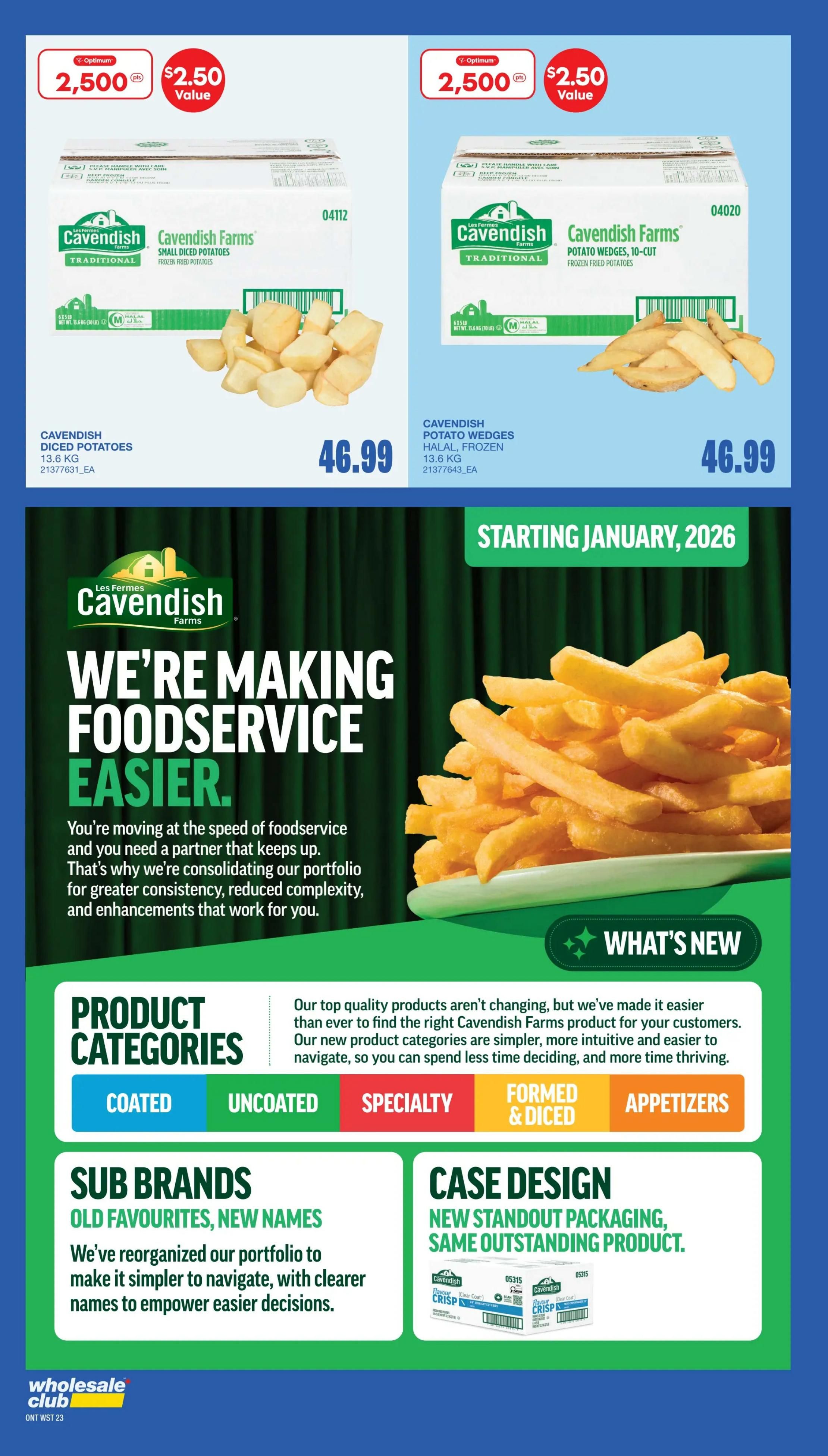Wholesale Club flyer page 21 featuring Cavendish Farms products. Offers include 2,500 Optimum points for a $2.50 value on Cavendish Farms Traditional Small Diced Potatoes, 13.6 kg, priced at $46.99, and Cavendish Farms Traditional Potato Wedges, 10-Cut, 13.6 kg, also priced at $46.99. The page highlights 'We're Making Foodservice Easier' with Cavendish Farms, announcing new product categories like Coated, Uncoated, Specialty, Formed & Diced, and Appetizers. It also mentions 'Sub Brands: Old Favourites, New Names' and 'Case Design: New Standout Packaging, Same Outstanding Product.' The 'What's New' section details improvements to the Cavendish Farms product line for easier navigation and decision-making. The flyer is valid from February 19 to March 11, 2026.