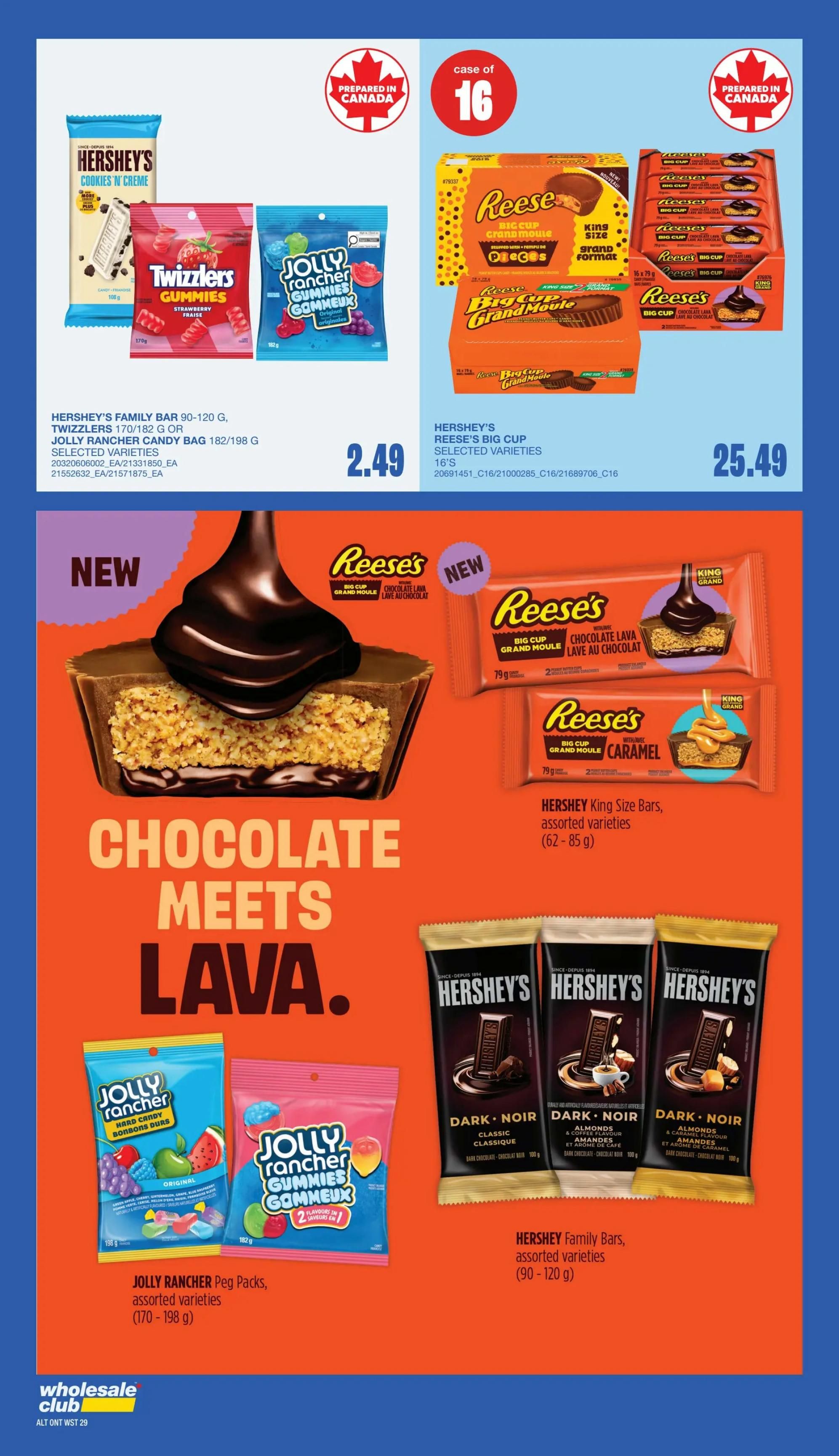 Wholesale Club flyer page 27 features a variety of chocolate and candy products. On the top left, Hershey's Cookies 'n' Creme bar, Twizzlers Gummies in strawberry flavour, and Jolly Rancher Gummies in original flavour are available for $2.49. On the top right, a case of 16 Reese's Big Cup Chocolate Lava King Size Grand Format is priced at $25.49. The page also highlights 'Chocolate Meets Lava' with a large Reese's Big Cup Chocolate Lava King Size bar and Reese's Big Cup Caramel King Size bars. Additionally, Hershey's Family Bars in assorted varieties (90-120 g) are displayed. Jolly Rancher Peg Packs in assorted varieties (170-198 g) are also featured.
