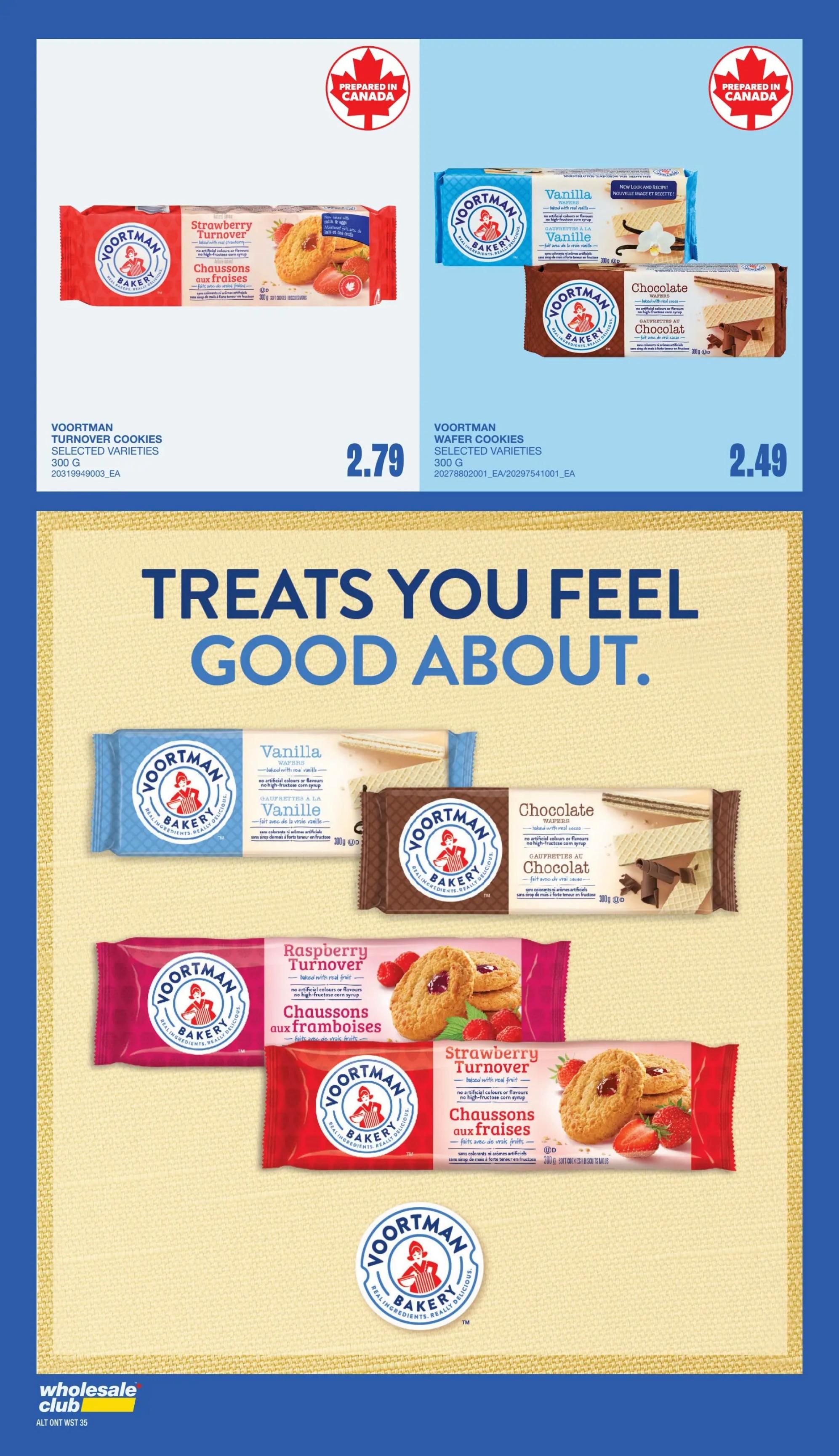 Wholesale Club flyer page 32 features Voortman cookies with the tagline 'Treats You Feel Good About'. Top section shows Voortman Turnover Cookies in selected varieties, 300g, for $2.79, and Voortman Wafer Cookies in selected varieties, 300g, for $2.49. Both products are prepared in Canada. The lower section highlights Voortman Bakery products, including Vanilla Wafer Cookies, Chocolate Wafer Cookies, Raspberry Turnover Cookies, and Strawberry Turnover Cookies, all 300g. The page also displays the Wholesale Club logo.