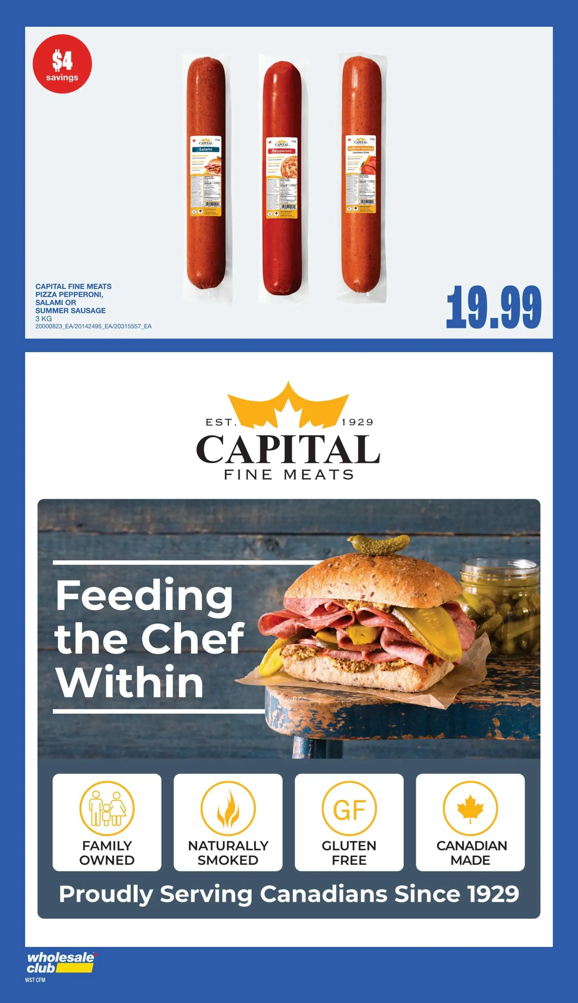 Wholesale Club flyer page 54 features Capital Fine Meats Pizza Pepperoni, Salami, or Summer Sausage in 3 kg packages for $19.99, with a $4 savings indicated. The page also highlights Capital Fine Meats' commitment to being family-owned, naturally smoked, gluten-free, and Canadian-made since 1929, with the slogan 'Feeding the Chef Within'.
