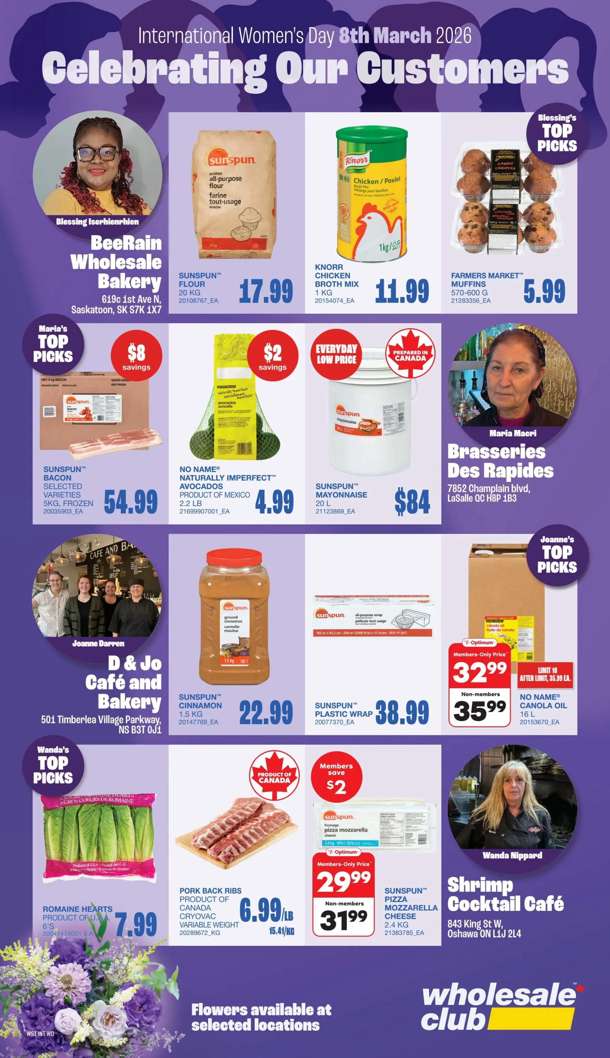 Wholesale Club flyer page 55 celebrating International Women's Day. Featured customers include Blessing Iserhienrhien of BeeRain Wholesale Bakery, Maria Macri of Brasseries Des Rapides, and Joanne Darren of D & Jo Café and Bakery. Product specials include Sunspun enriched all-purpose flour 20 kg for $17.99, Knorr Chicken Broth Mix 1 kg for $11.99, Farmers Market Muffins 570-600 g for $5.99, Sunspun Bacon selected varieties 5 kg frozen for $54.99 with $8 savings, Naturally Imperfect avocados 2.2 lb for $4.99 with $2 savings, Sunspun Mayonnaise 20 L for $84, Sunspun Ground Cinnamon 1.5 kg for $22.99, Sunspun all-purpose wrap 762 m x 43.2 cm for $38.99, Romaine Hearts 6's for $7.99, Pork Back Ribs product of Canada cryovac for $6.99/lb, Sunspun Pizza Mozzarella Cheese 2.4 kg for a members-only price of $29.99 (non-members $31.99), and No Name Canola Oil 16 L for a members-only price of $32.99 (after limit $35.99). Flowers are available at selected locations.