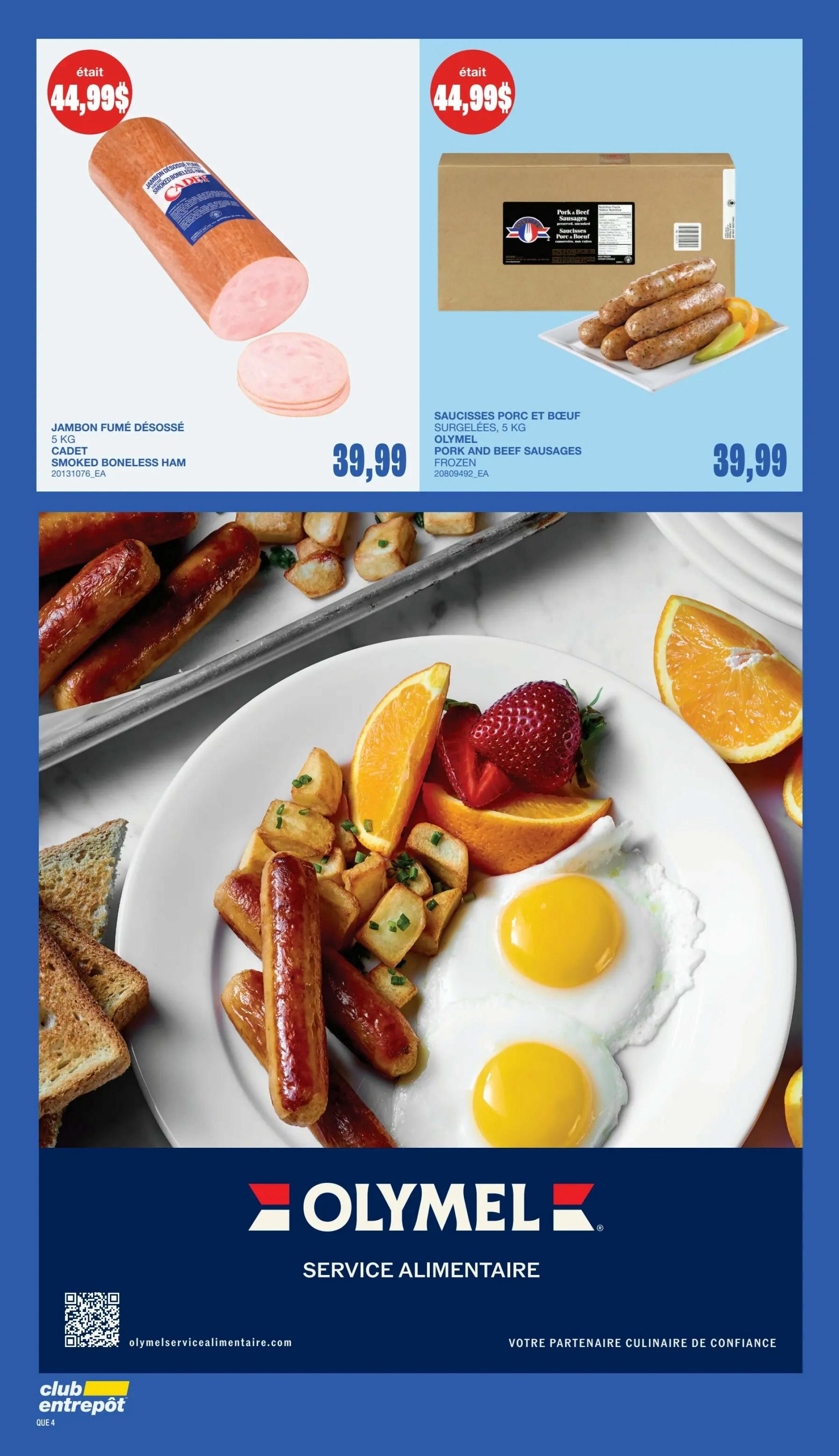 Wholesale Club flyer specials page 4 features Cadet Smoked Boneless Ham for $44.99 and Olymel Pork and Beef Sausages (frozen) for $39.99. The page also displays a breakfast plate with sausages, fried eggs, home fries, toast, strawberries, and orange slices, along with the Olymel 'Service Alimentaire' logo and website.