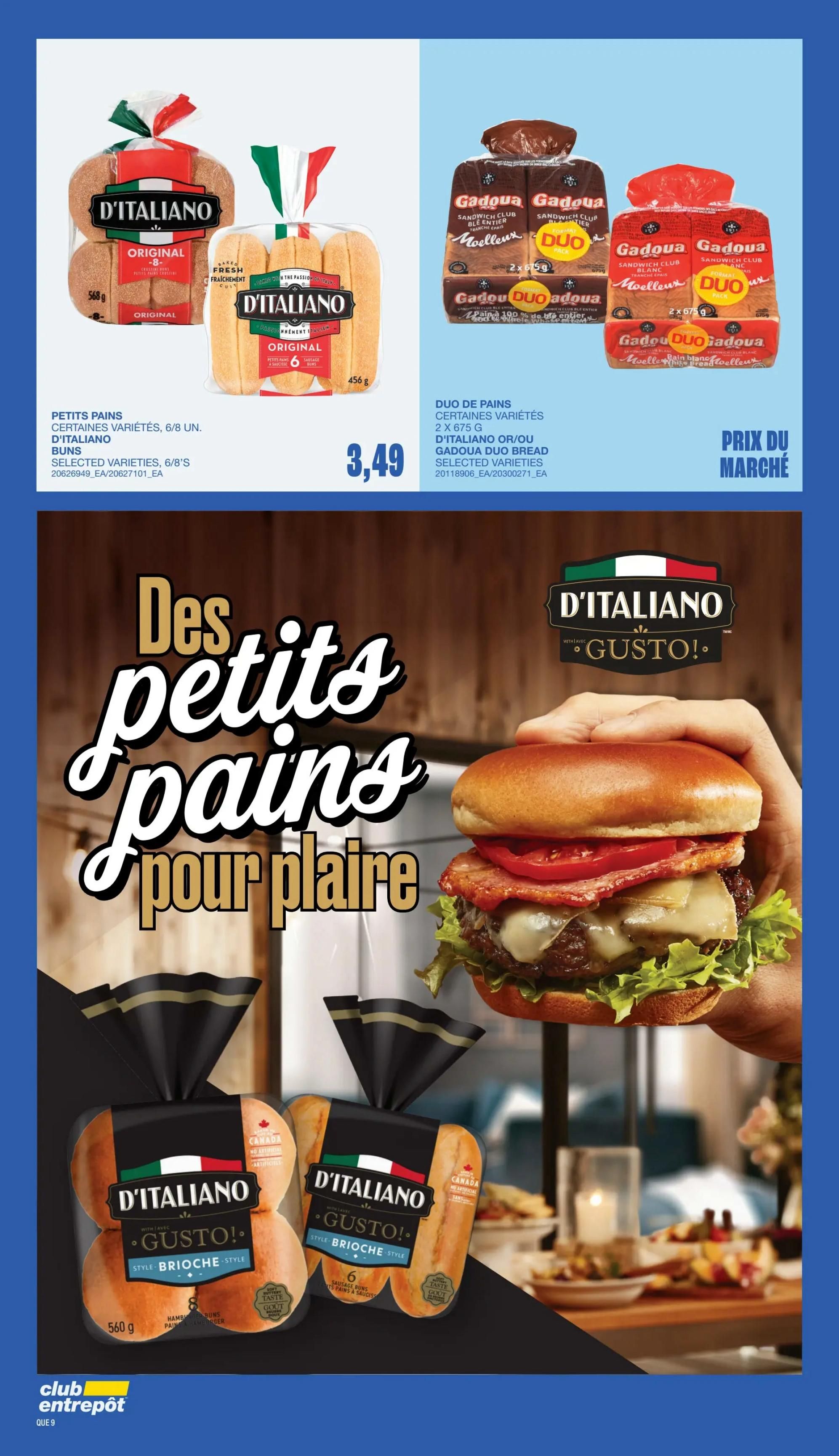 Wholesale Club flyer page 8 features D'Italiano Original buns, 6 or 8 count, for $3.49. Also available are D'Italiano Gusto! Brioche style hamburger buns (8 count, 560g) and D'Italiano Gusto! Brioche style sausage buns (6 count, 560g). The page also highlights Gadoua Duo whole wheat sandwich club bread (2 x 675g) and Gadoua Duo white sandwich club bread (2 x 675g) with a 'Prix du Marché' (Market Price) designation. A large image showcases a delicious burger on a D'Italiano bun.