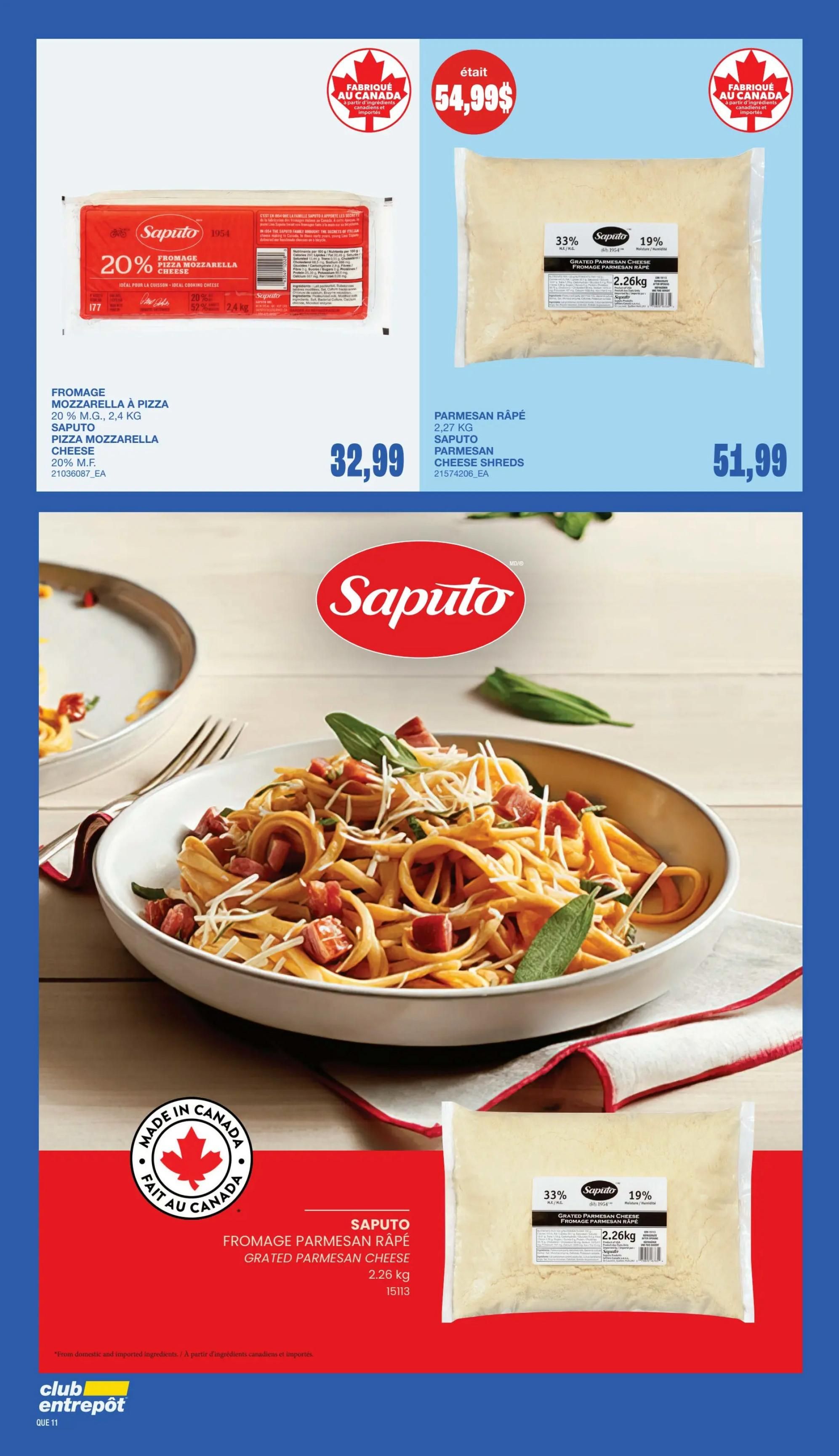 Wholesale Club flyer page 10 featuring Saputo cheeses. On the left, Saputo Pizza Mozzarella Cheese, 2.4 kg, is shown with a 20% discount, priced at $32.99. On the right, Saputo Grated Parmesan Cheese Shreds, 2.26 kg, is featured for $51.99. Both products are made in Canada. The page also includes a large appetizing image of pasta with cheese and ham.