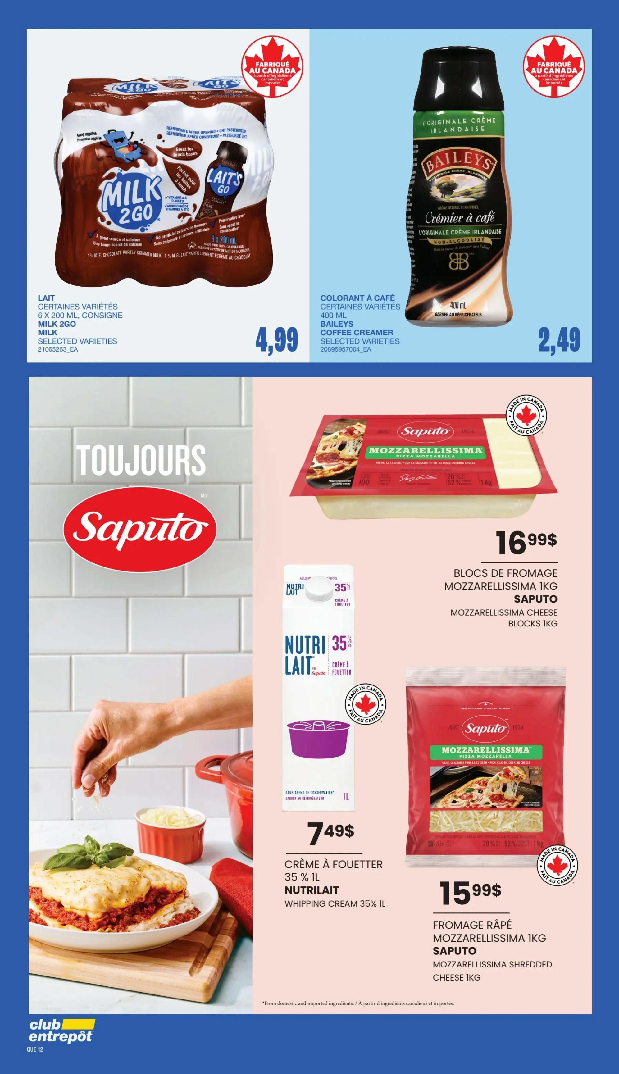 Wholesale Club flyer page 11 features Milk 2Go 1% chocolate milk, 6 x 200 mL, for $4.99, and Baileys coffee creamer, 400 mL, for $2.49. Also shown is Saputo Mozzarella cheese blocks, 1kg, for $16.99 with a 20% discount. Nutrilait whipping cream, 35%, 1L, is available for $7.49. Additionally, Saputo Mozzarella cheese, 1kg, is priced at $15.99.