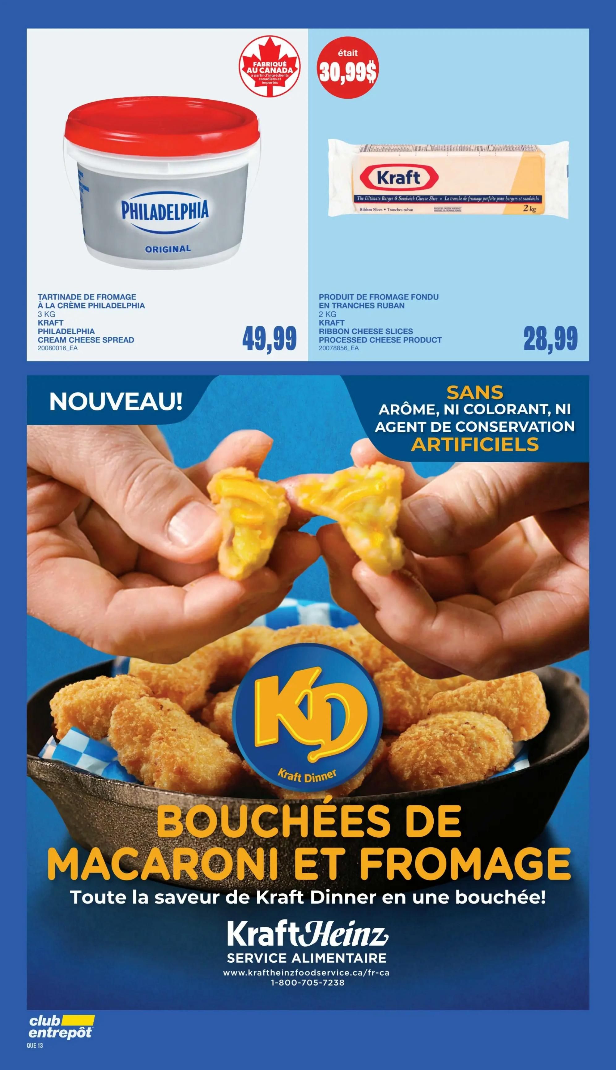 Wholesale Club flyer page 12 features Kraft Philadelphia Original Cream Cheese Spread 3 kg for $49.99 and Kraft Ribbon Cheese Slices Processed Cheese Product 2 kg for $28.99. The page also highlights Kraft Dinner Macaroni and Cheese Bites, described as 'all the flavour of Kraft Dinner in one bite!' and 'NO artificial flavour, colour, or preservatives'. The Kraft Heinz Foodservice website and phone number are also listed.