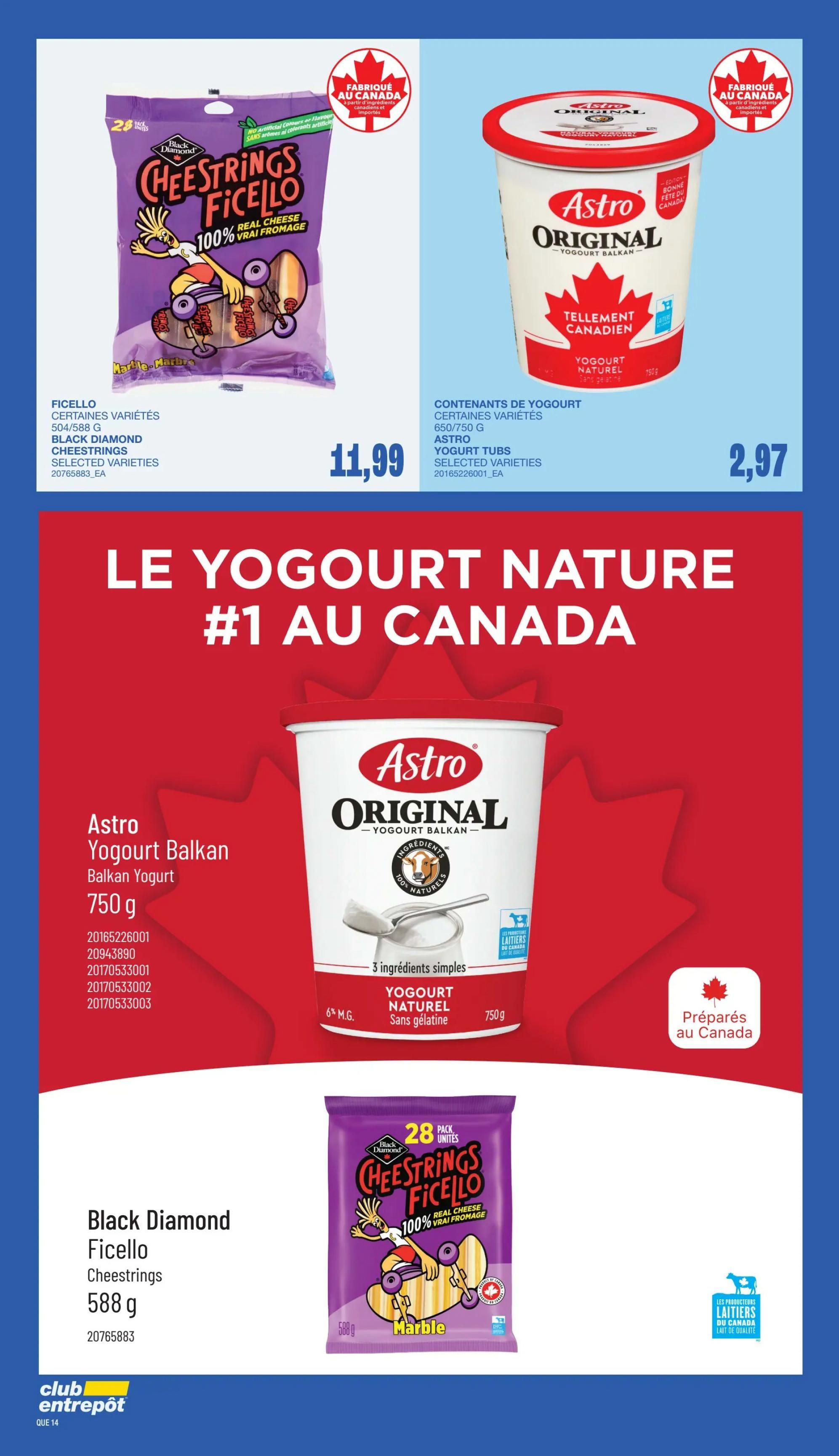 Wholesale Club flyer page 13 features Black Diamond Cheestrings Ficello, 28 pack, Marble flavour, 588 g for $11.99. Also available are Astro Original Balkan Yogurt tubs, selected varieties, 650 g or 750 g for $2.97. A large graphic highlights 'Le Yogurt Nature #1 au Canada' (The #1 Natural Yogurt in Canada) and features Astro Original Balkan Yogurt, 750 g, made with 3 simple ingredients and 6% M.F. All featured products are proudly made in Canada.
