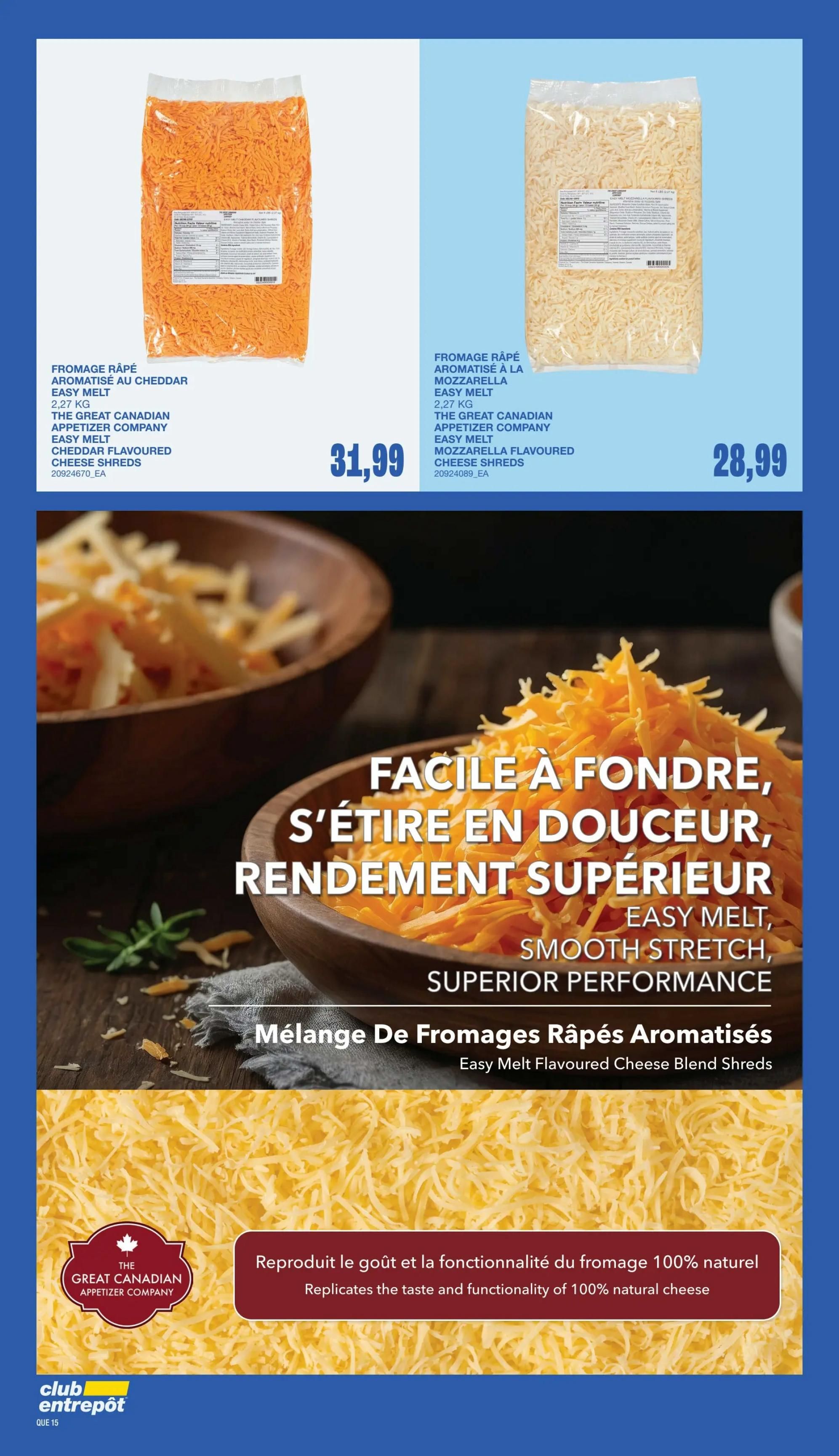 Wholesale Club flyer page 14 features The Great Canadian Appetizer Company Easy Melt Cheddar Flavoured Cheese Shreds, 2.27 kg, for $31.99, and Easy Melt Mozzarella Flavoured Cheese Shreds, 2.27 kg, for $28.99. The page highlights the cheese's easy melt, smooth stretch, and superior performance, replicating the taste and functionality of 100% natural cheese.