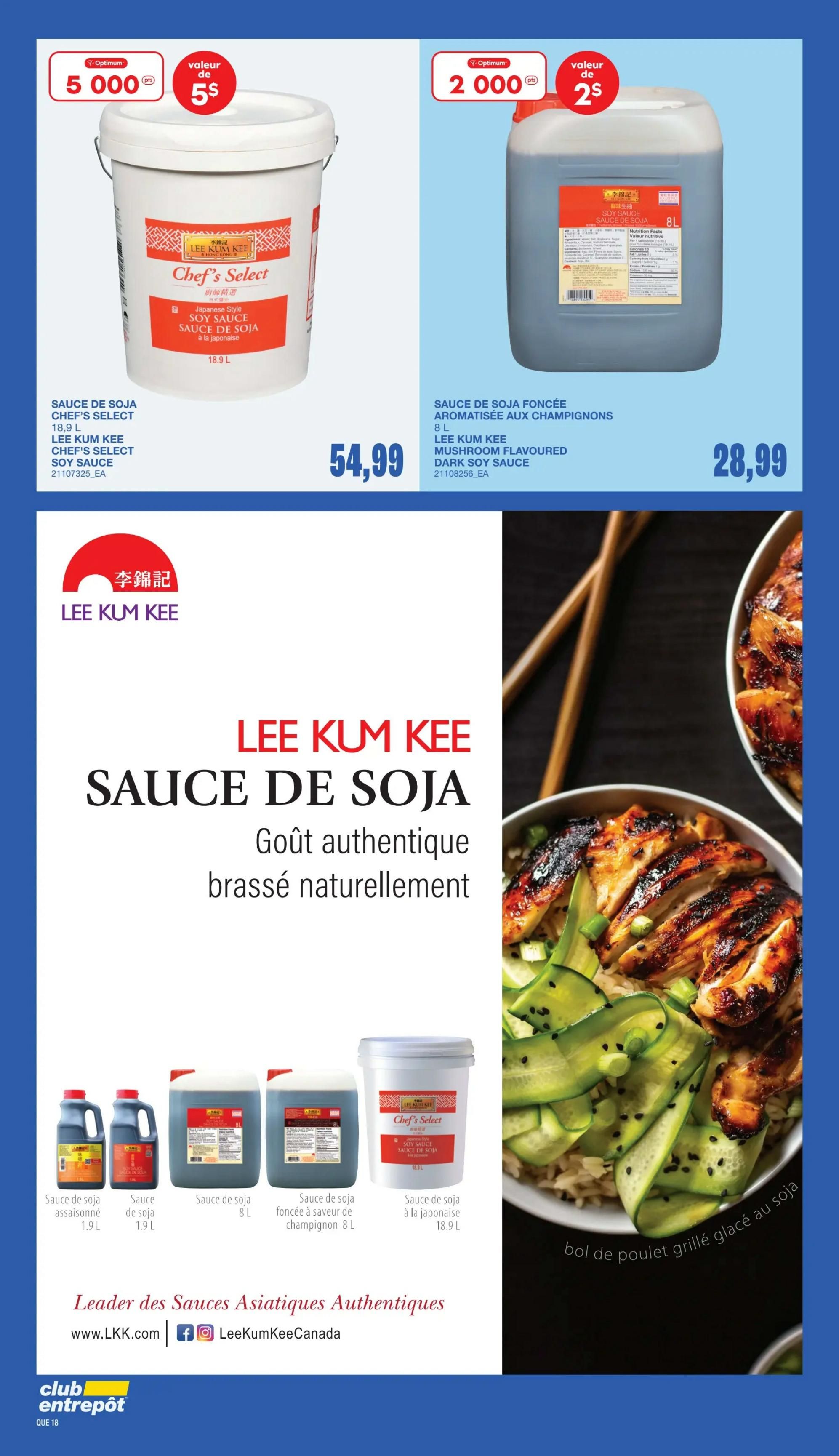 Wholesale Club flyer page 17 featuring Lee Kum Kee soy sauces. Top left: Lee Kum Kee Chef's Select Soy Sauce, 18.9 L, with a value of 5,000 Optimum points or $5. Top right: Lee Kum Kee Mushroom Flavoured Dark Soy Sauce, 8 L, with a value of 2,000 Optimum points or $2. The page also highlights Lee Kum Kee Soy Sauce, 1.9 L, and another Lee Kum Kee Soy Sauce, 1.9 L. A large graphic in the centre promotes 'Lee Kum Kee Soy Sauce - Authentic taste, naturally brewed' with images of various soy sauce containers and a delicious-looking grilled chicken and cucumber bowl. The bottom of the page includes the website www.LKK.com and social media links for Lee Kum Kee Canada.