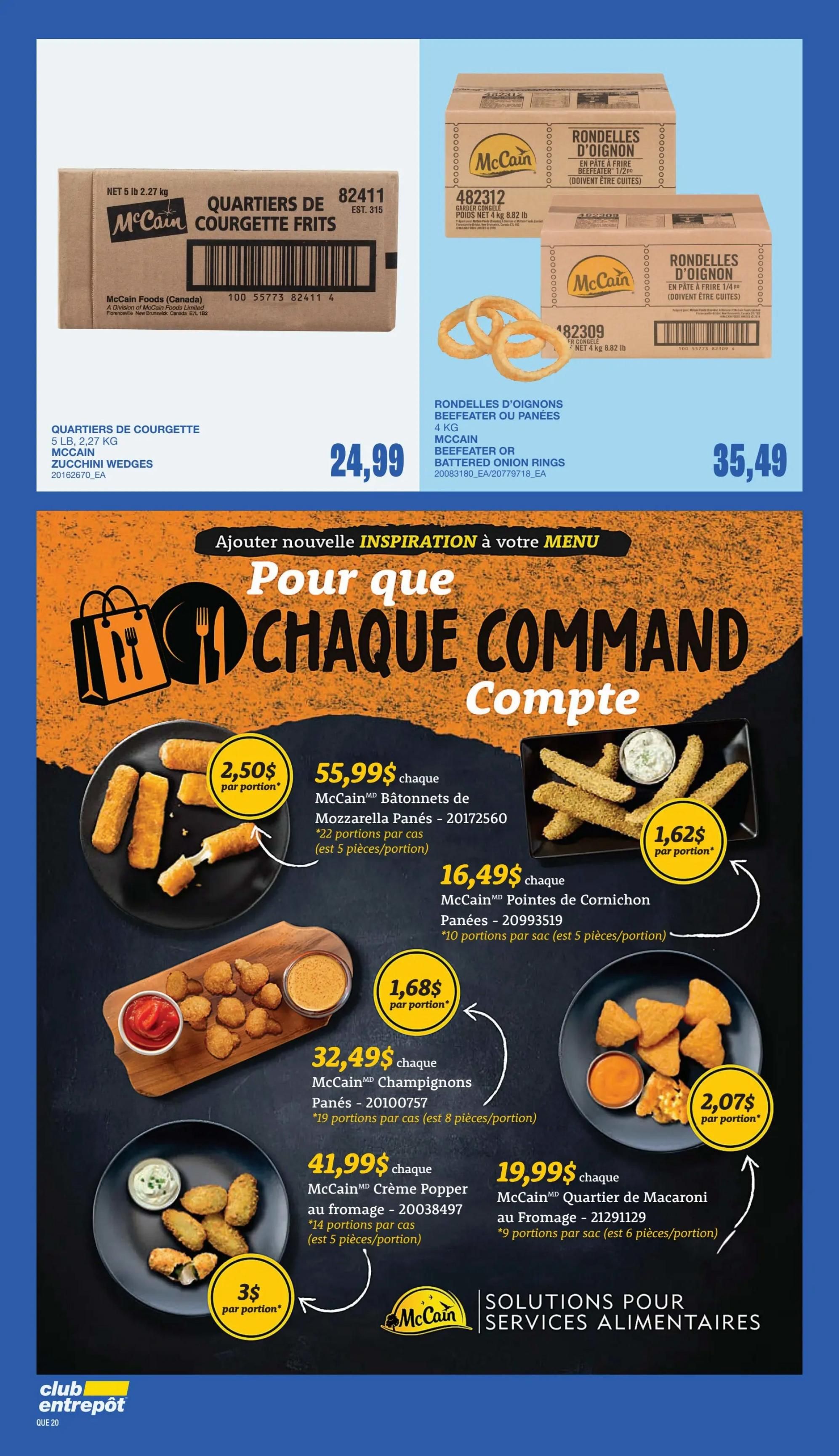 Wholesale Club flyer page featuring McCain frozen appetizers. Offers include McCain Zucchini Fries, 5 lb, 2.27 kg for $24.99 and McCain Beefeater or Battered Onion Rings, 4 kg, 8.82 lb for $35.49. Also featured are McCain Mozzarella Sticks, 22 portions per case, at $55.99 each with a per-portion price of $2.50. McCain Pickle Spears, 10 portions per bag, are $16.49 each with a per-portion price of $1.62. McCain Mushrooms, 19 portions per case, are $32.49 each with a per-portion price of $1.68. McCain Cheese Popper, 14 portions per case, are $41.99 each with a per-portion price of $3.00. McCain Macaroni & Cheese Bites, 9 portions per bag, are $19.99 each with a per-portion price of $2.07. The page also has a section titled 'Add new inspiration to your menu' and 'Solutions for Food Services'.