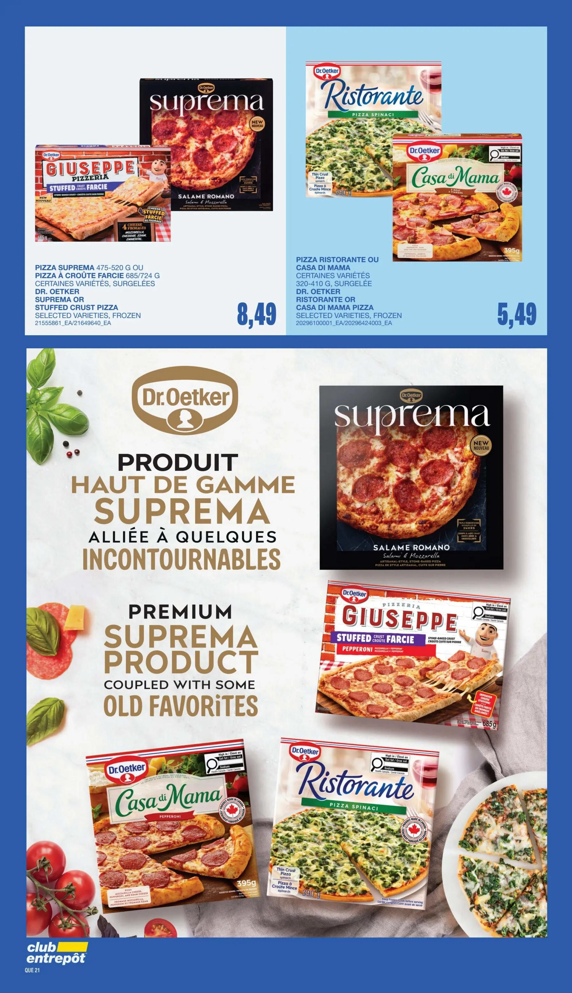 Wholesale Club Quebec flyer specials page 20 features Dr. Oetker pizzas. On the top section, Dr. Oetker Suprema Salami Romano pizza is $8.49 and Dr. Oetker Ristorante or Casa di Mama pizzas are $5.49. The bottom section highlights Dr. Oetker Suprema pizzas, including the new Stuffed Crust Pepperoni pizza, and also features Dr. Oetker Casa di Mama Pepperoni pizza and Dr. Oetker Ristorante Spinach pizza.