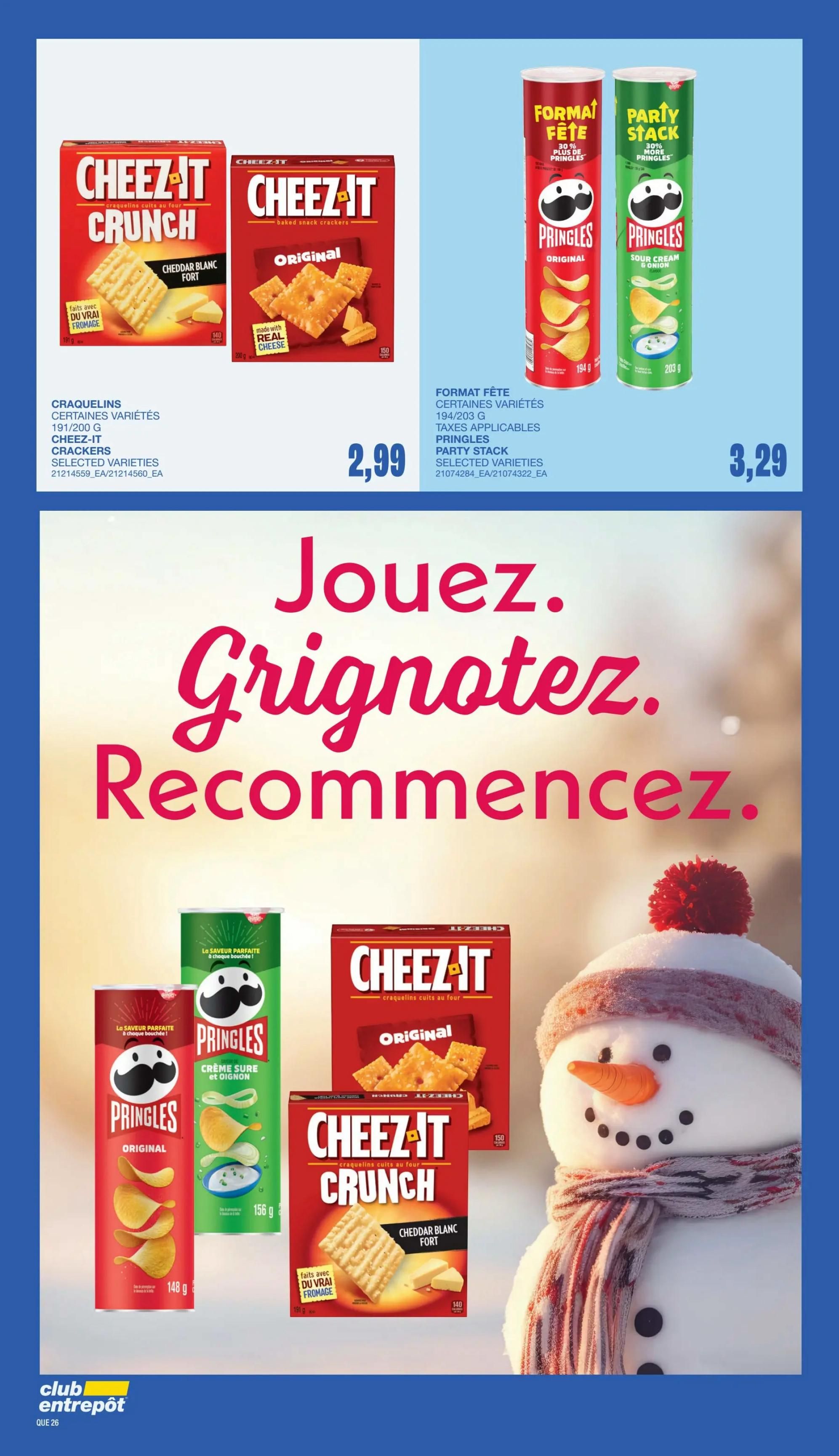 Wholesale Club flyer specials page 25 features Cheez-It Crunch and Original crackers in Cheddar White Extra Cheese flavour, 191g or 150g, for $2.99. Also available are Pringles Party Stack chips in Original flavour, 194g, and Sour Cream & Onion flavour, 203g, for $3.29. The page includes a festive winter theme with a snowman and the French slogan 'Jouez. Grignotez. Recommencez.' which translates to 'Play. Snack. Repeat.