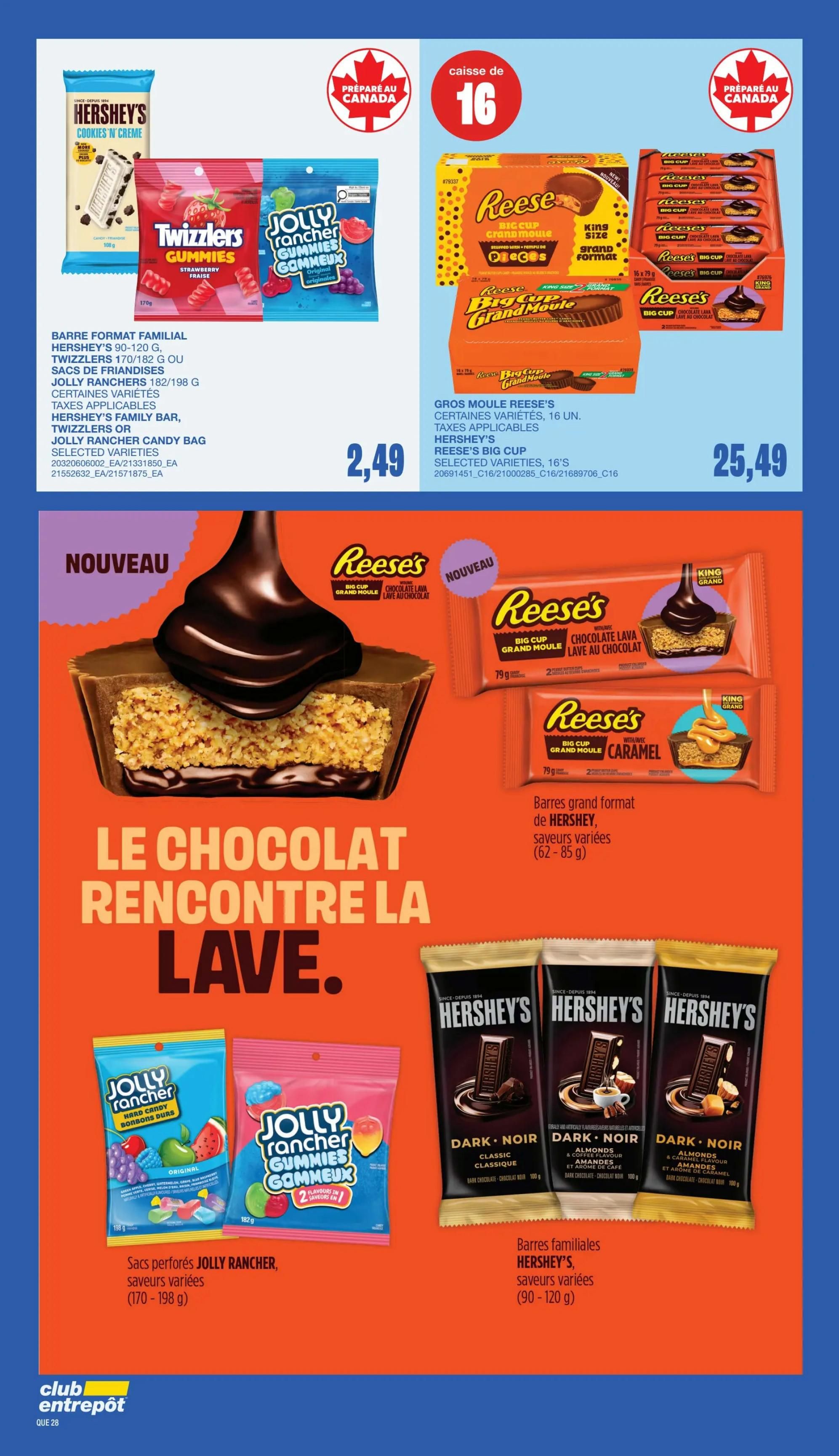 Wholesale Club flyer page 27 features a variety of Hershey's and Jolly Rancher candies. Top section displays Hershey's Cookies 'n' Creme bar (108g) and Twizzlers Gummies (170g) for $2.49. Also featured are Reese's Big Cup King Size candies, including a 16-pack of assorted varieties for $25.49 and individual King Size Big Cups with chocolate lava or caramel filling. The bottom section highlights a large image of a chocolate lava cake with the text 'Le Chocolat Rencontre la Lave' (Chocolate Meets Lava). Below this are Jolly Rancher Original Hard Candies (198g) and Jolly Rancher Gummies (182g) for $1.70 each, and Hershey's Dark Chocolate bars with Almonds or Caramel flavour (100g) for $1.70 each. All products are 'Prepared in Canada'.