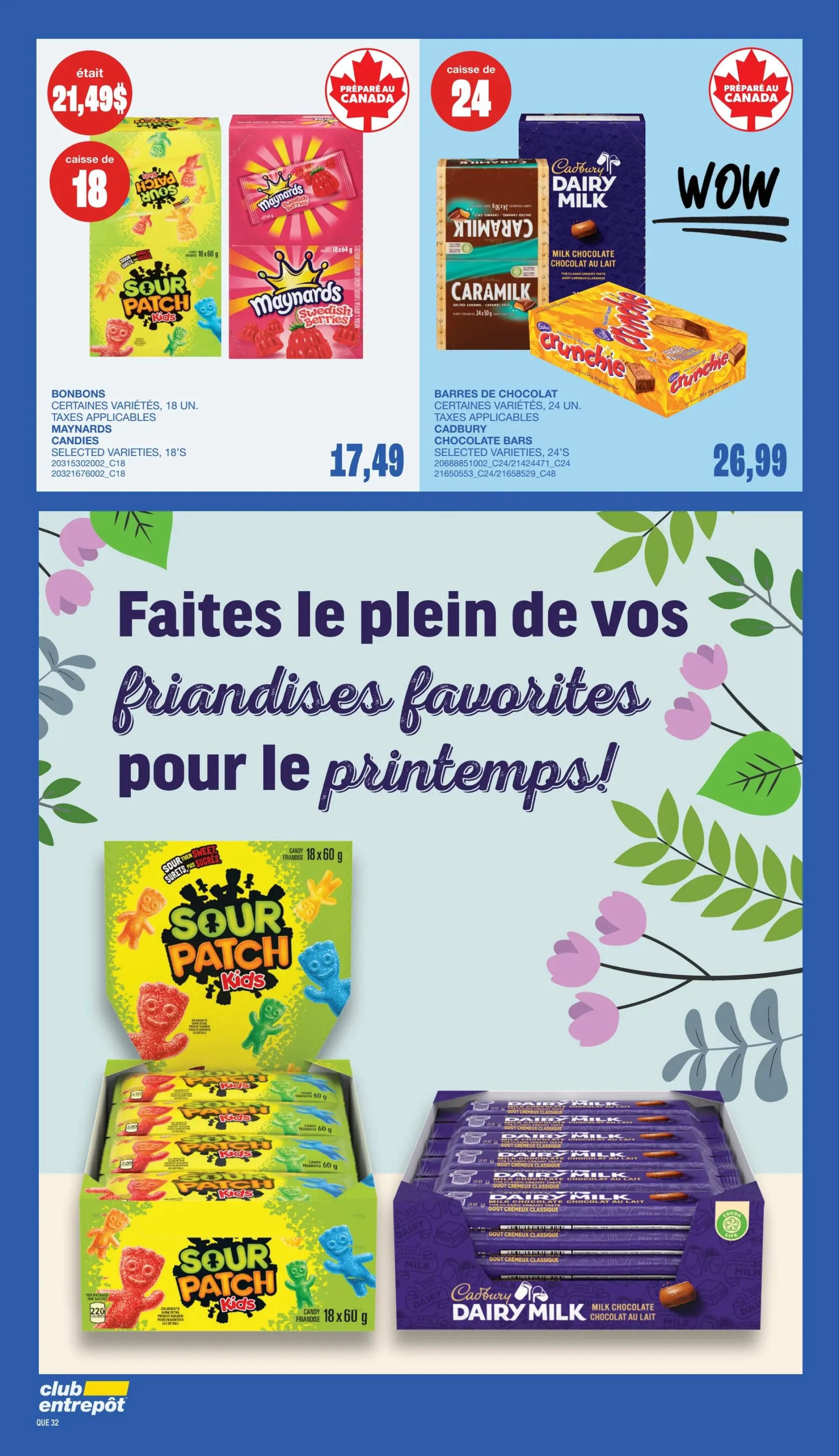Wholesale Club flyer page 29 features candy and chocolate bar deals. On the left, a case of 18 Sour Patch Kids candies is priced at $21.49. To the right, a case of 24 Cadbury Caramilk chocolate bars is available for $26.99. Below these, a large graphic advertises 'Fill up on your favourite treats for spring!' featuring Sour Patch Kids candies and Cadbury Dairy Milk chocolate bars.