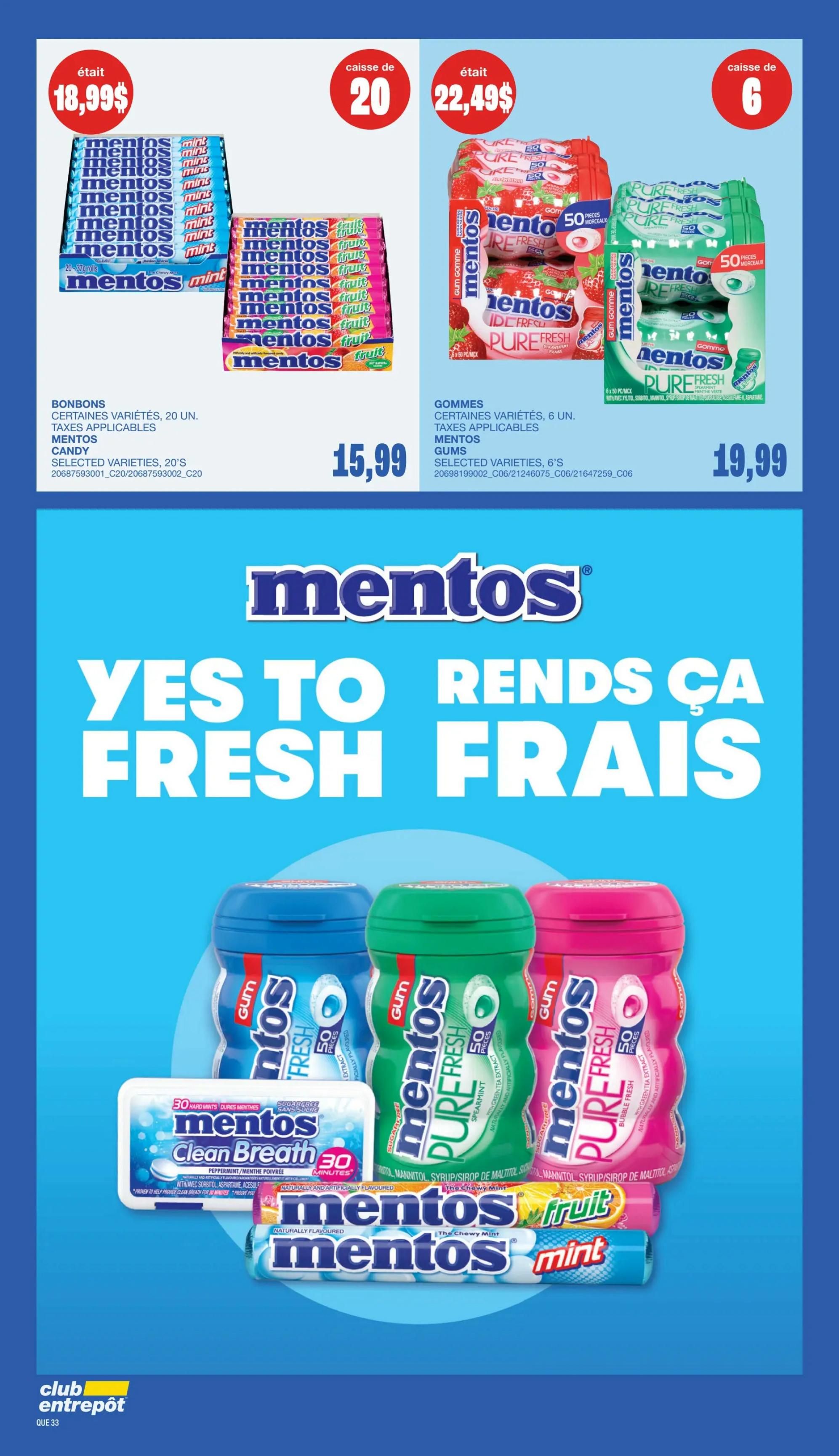 Wholesale Club flyer page 30 featuring a variety of Mentos products. On the left, Mentos candies in selected varieties, 20 rolls, are priced at $18.99. In the center, Mentos Pure Fresh gum in strawberry flavour, 6 units of 50 pieces each, is priced at $22.49. To the right, Mentos Pure Fresh gum in mint flavour, 6 units of 50 pieces each, is priced at $19.99. The page also highlights Mentos Clean Breath mints, 30 hard mints, and displays Mentos fruit and mint chewy candies. The main graphic reads 'YES TO FRESH'.