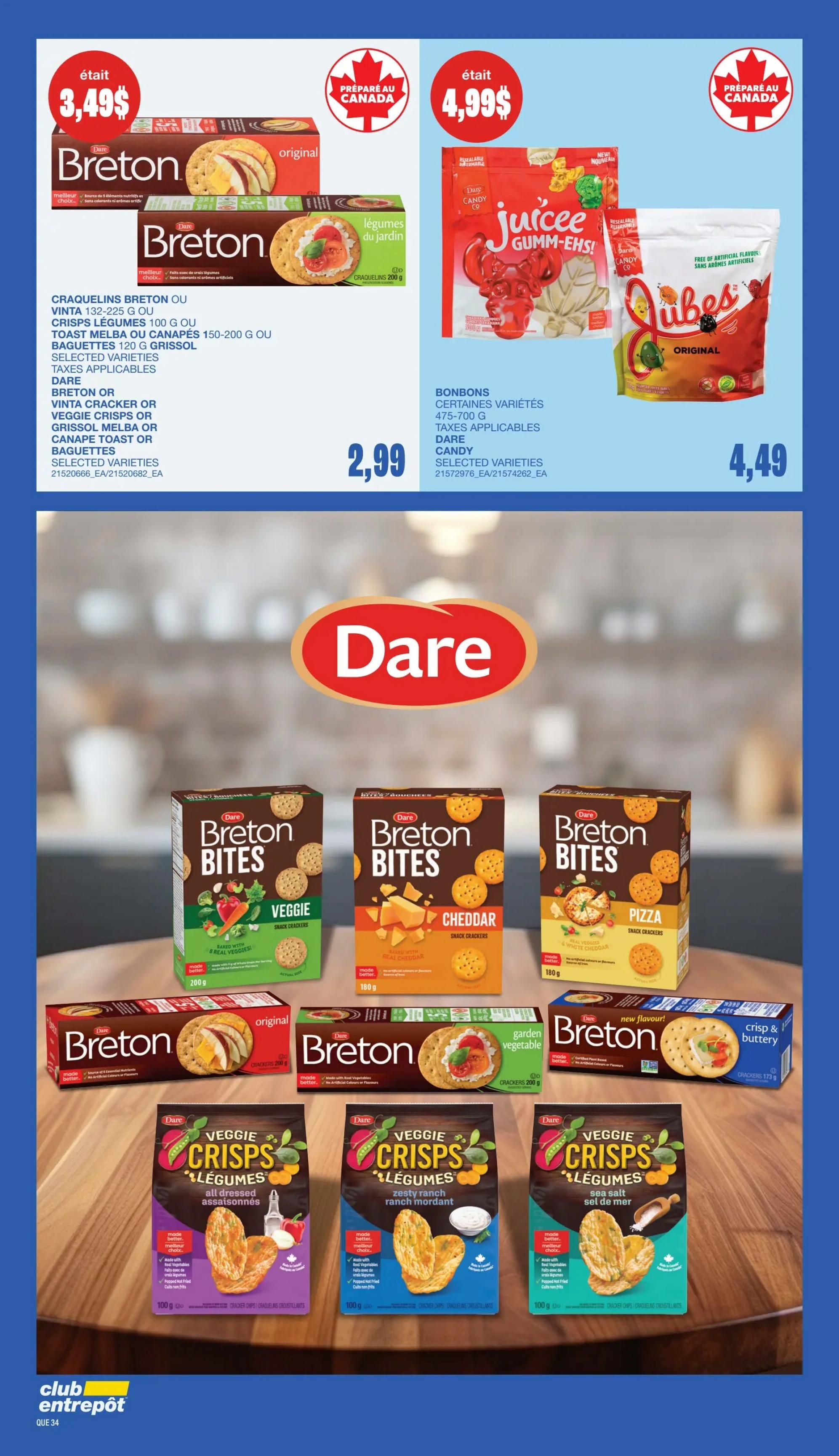 Wholesale Club flyer page 31 featuring Dare products. Top section shows Breton crackers originally $3.49 and Dare candy originally $4.99. The main section highlights various Dare Breton Bites snack crackers including Veggie, Cheddar, and Pizza varieties, along with Breton crackers in Original and Crisp & Buttery flavours. Also featured are Dare Veggie Crisps in All Dressed, Zesty Ranch, and Sea Salt flavours. Prices are not visible for the Breton Bites and Veggie Crisps.