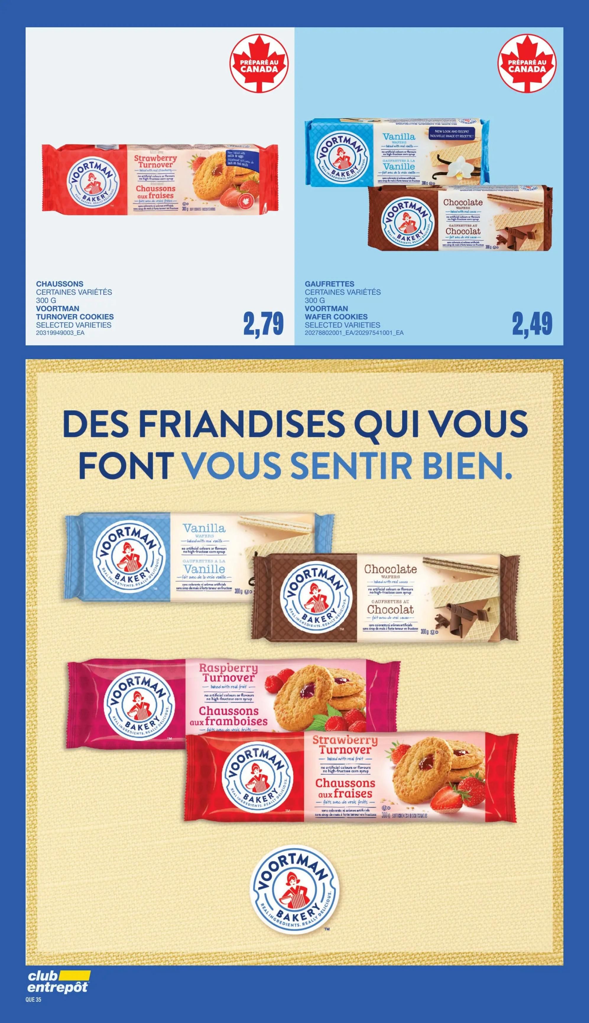 Wholesale Club flyer page 32 features a selection of Voortman Bakery products. Top row displays Voortman Strawberry Turnover Cookies for $2.79 and Voortman Wafer Cookies in Vanilla and Chocolate varieties for $2.49 each. The main section highlights Voortman Bakery treats with the slogan 'DES FRIANDISES QUI VOUS FONT VOUS SENTIR BIEN.' Featured items include Voortman Vanilla Wafers, Voortman Chocolate Wafers, Voortman Raspberry Turnovers, and Voortman Strawberry Turnovers. All products are made in Canada, with no artificial colours or flavours and no high-fructose corn syrup.