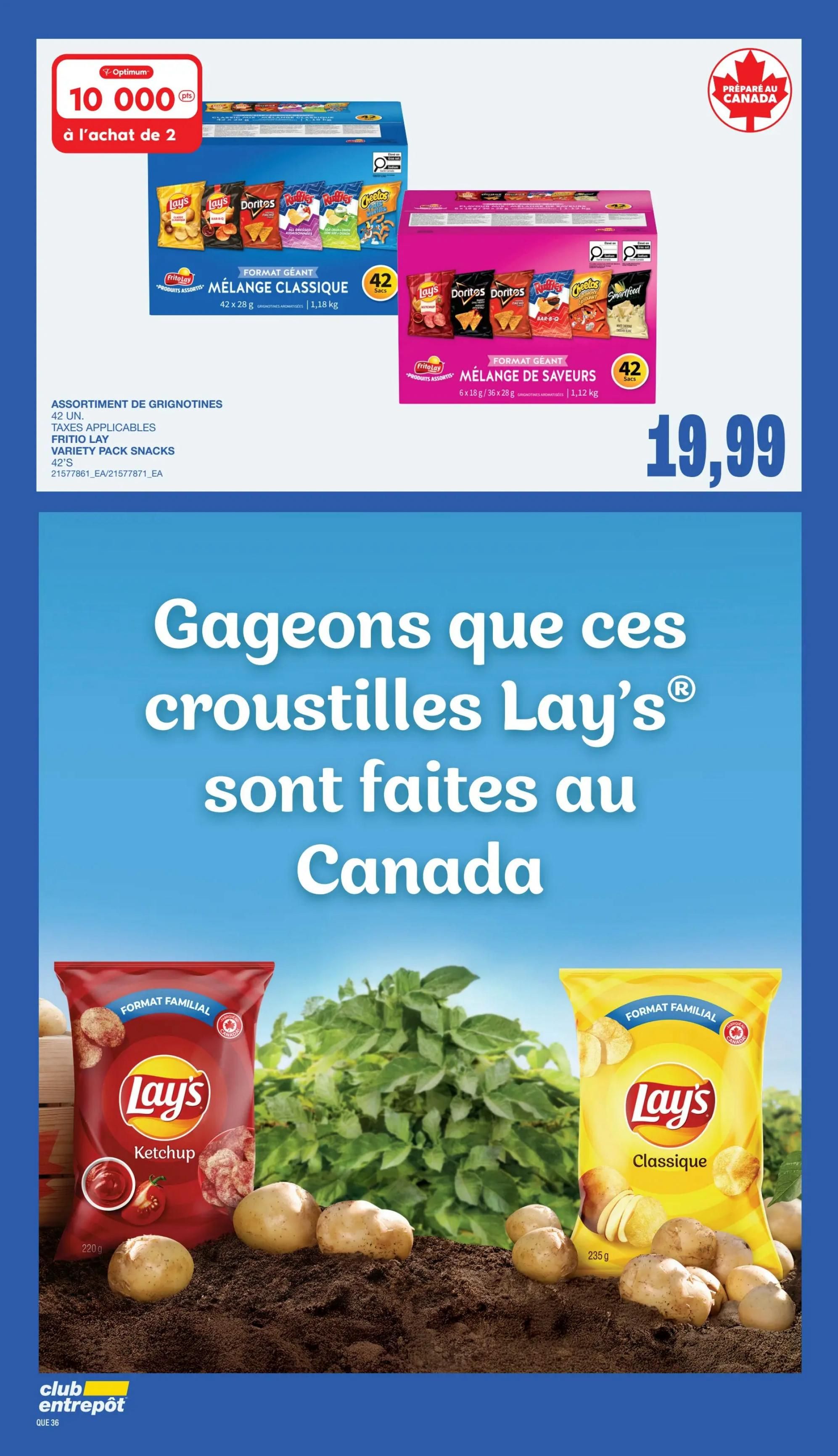 Wholesale Club flyer page 33 features a promotion: 10,000 Optimum points when you buy 2. Featured are Frito Lay Variety Pack Snacks, including Lay's Classic, Lay's Bar-B-Q, Doritos Nacho Cheese, Ruffles All Dressed, and Smartfood White Cheddar, in a 42-bag assortment (1.18 kg) for $19.99. Also shown are Lay's Ketchup family-size chips (220g) and Lay's Classic family-size chips (235g), with a prominent message stating 'We bet these Lay's chips are made in Canada'.