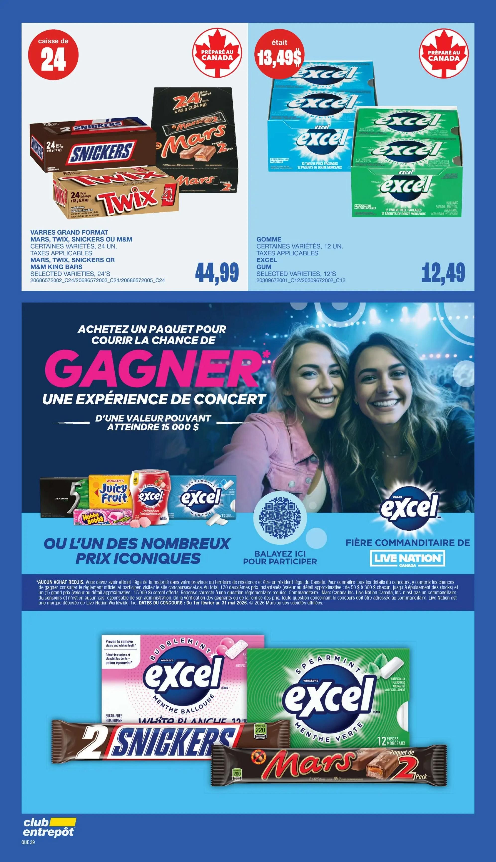 Wholesale Club flyer specials page 36 features a variety of chocolate bars and gum. On the left, a 24-pack of Mars, Twix, Snickers, or M&M's King Bars is available for $44.99. In the centre, a large promotional graphic invites customers to 'Win a Concert Experience' with a value of $15,000, sponsored by Live Nation Canada. Below this, various gum products are displayed including Wrigley's Juicy Fruit, Hubba Bubba, and Excel. On the right, Excel gum, 12-piece packages in selected varieties, is on sale for $12.49, previously $13.49. The bottom of the page shows individual packs of 2-pack Snickers, Mars bars, and Excel gum in Spearmint and White varieties.