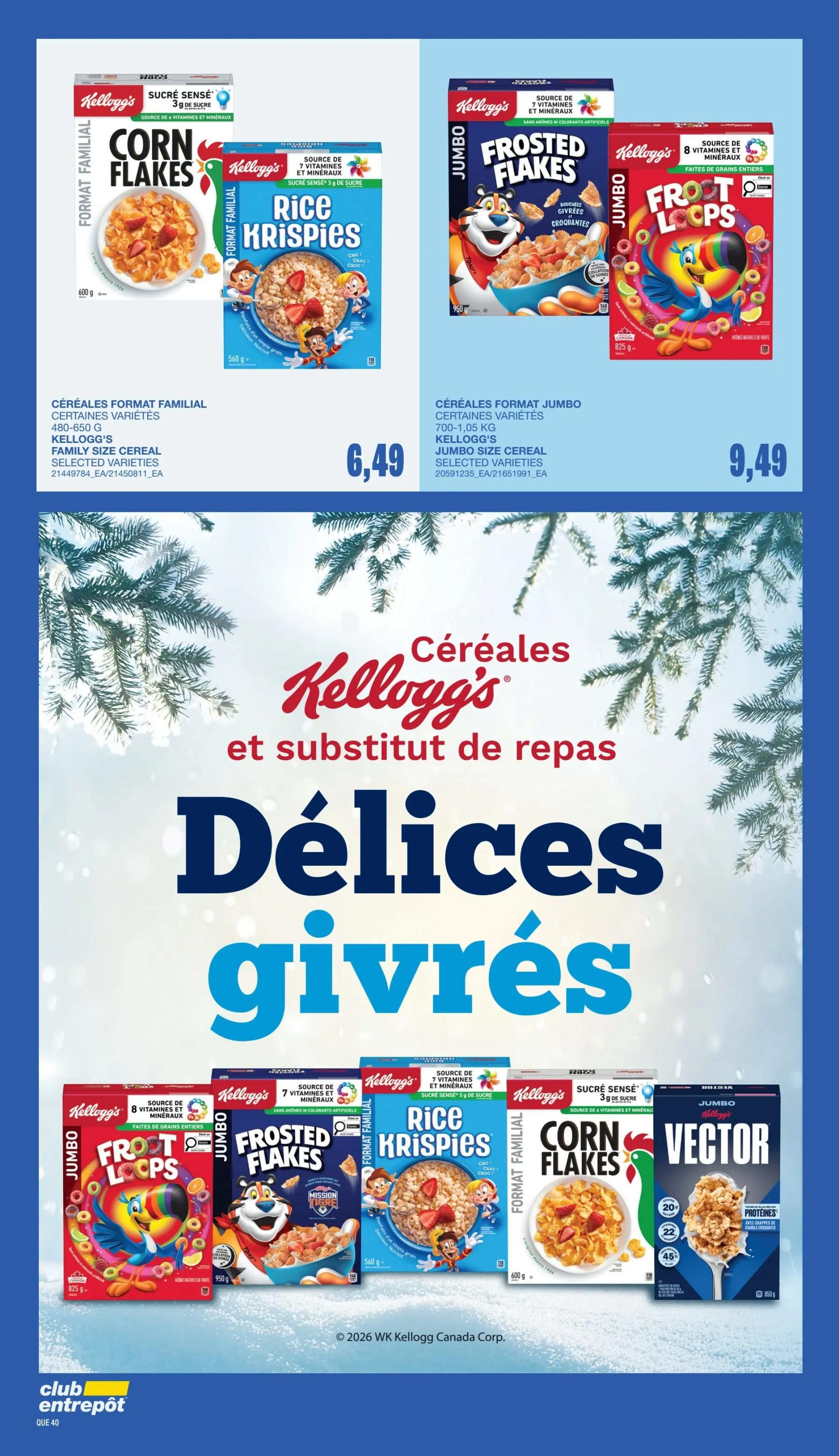 Wholesale Club flyer page 37 features a selection of Kellogg's cereals. Top row includes Kellogg's Corn Flakes (600g) for $6.49, Kellogg's Rice Krispies (560g) for $6.49, Kellogg's Frosted Flakes Jumbo (950g) for $9.49, and Froot Loops Jumbo (825g) for $9.49. The bottom row showcases more Kellogg's cereals: Froot Loops Jumbo (825g), Frosted Flakes Jumbo (950g), Rice Krispies (560g), Corn Flakes (600g), and Vector Jumbo (850g). The page highlights Kellogg's cereals as a breakfast and meal replacement option, with a large graphic reading 'Délice givrés' which translates to 'Frosted Delights'.