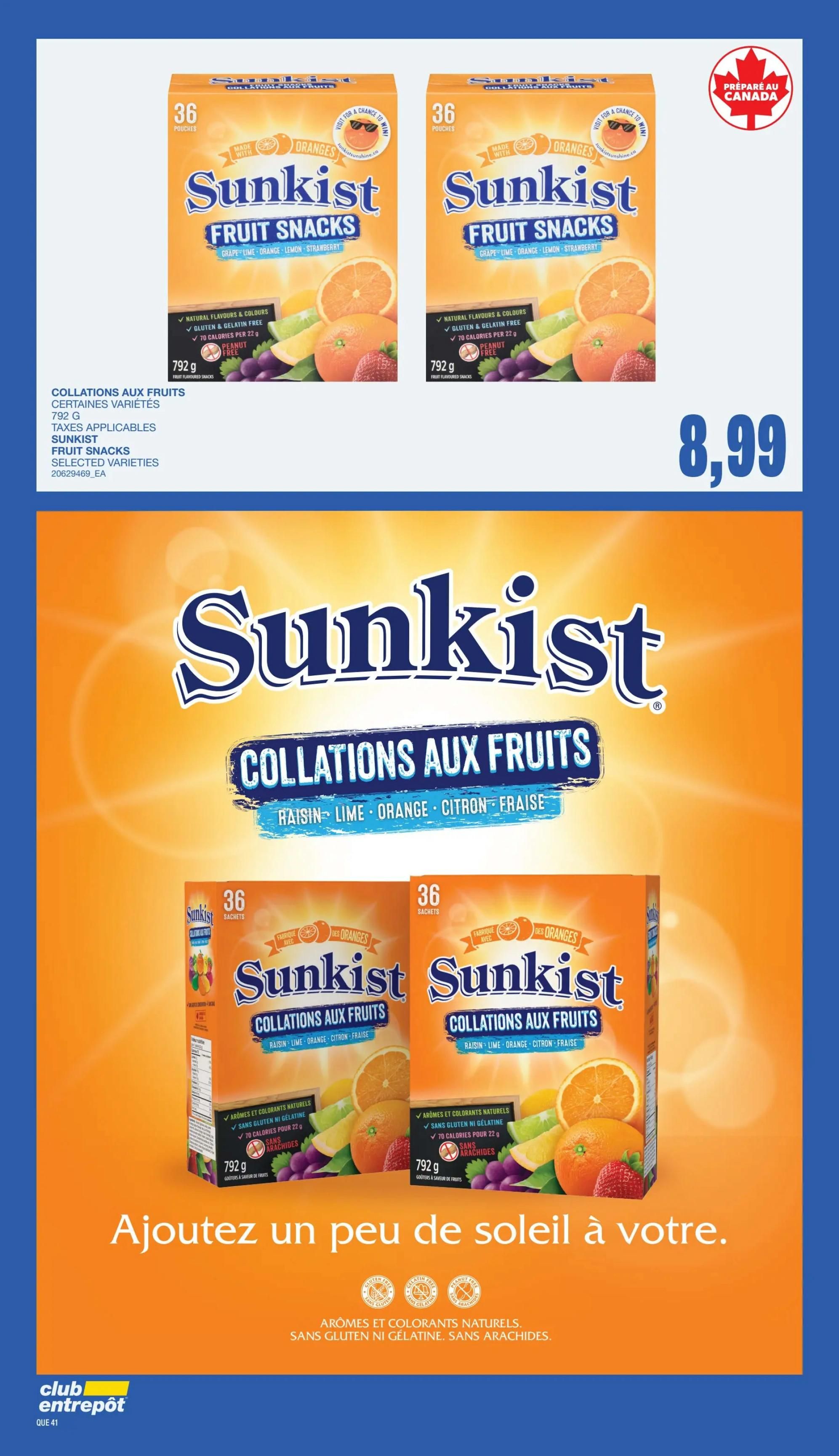 Wholesale Club flyer page 38 features Sunkist Fruit Snacks, available in selected varieties. Two boxes of Sunkist Fruit Snacks, each containing 36 pouches and weighing 792g, are displayed. The price for these fruit snacks is $8.99. The product is made with natural flavours and colours, is gluten-free, gelatin-free, and peanut-free. The packaging highlights that it is prepared in Canada. A large graphic of the Sunkist logo with the tagline 'Add a little sunshine to yours' is also featured.