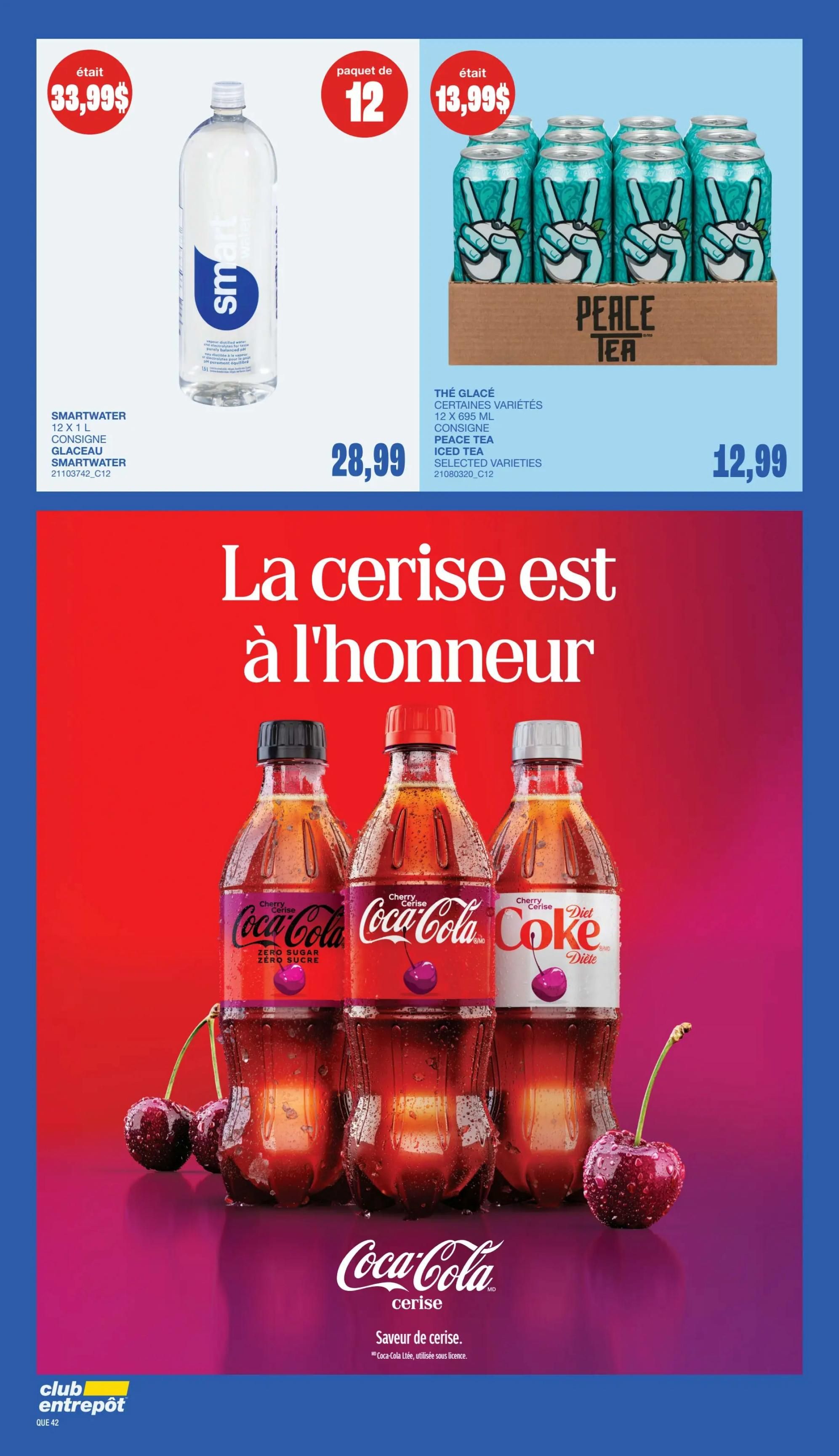 Wholesale Club flyer page 39 featuring Smartwater 12 x 1 L bottles for $33.99 and Peace Tea Iced Tea, 12 x 695 mL, selected varieties for $12.99. The page also highlights Coca-Cola Cherry and Diet Coke Cherry beverages, with the tagline 'Cherry flavour'.