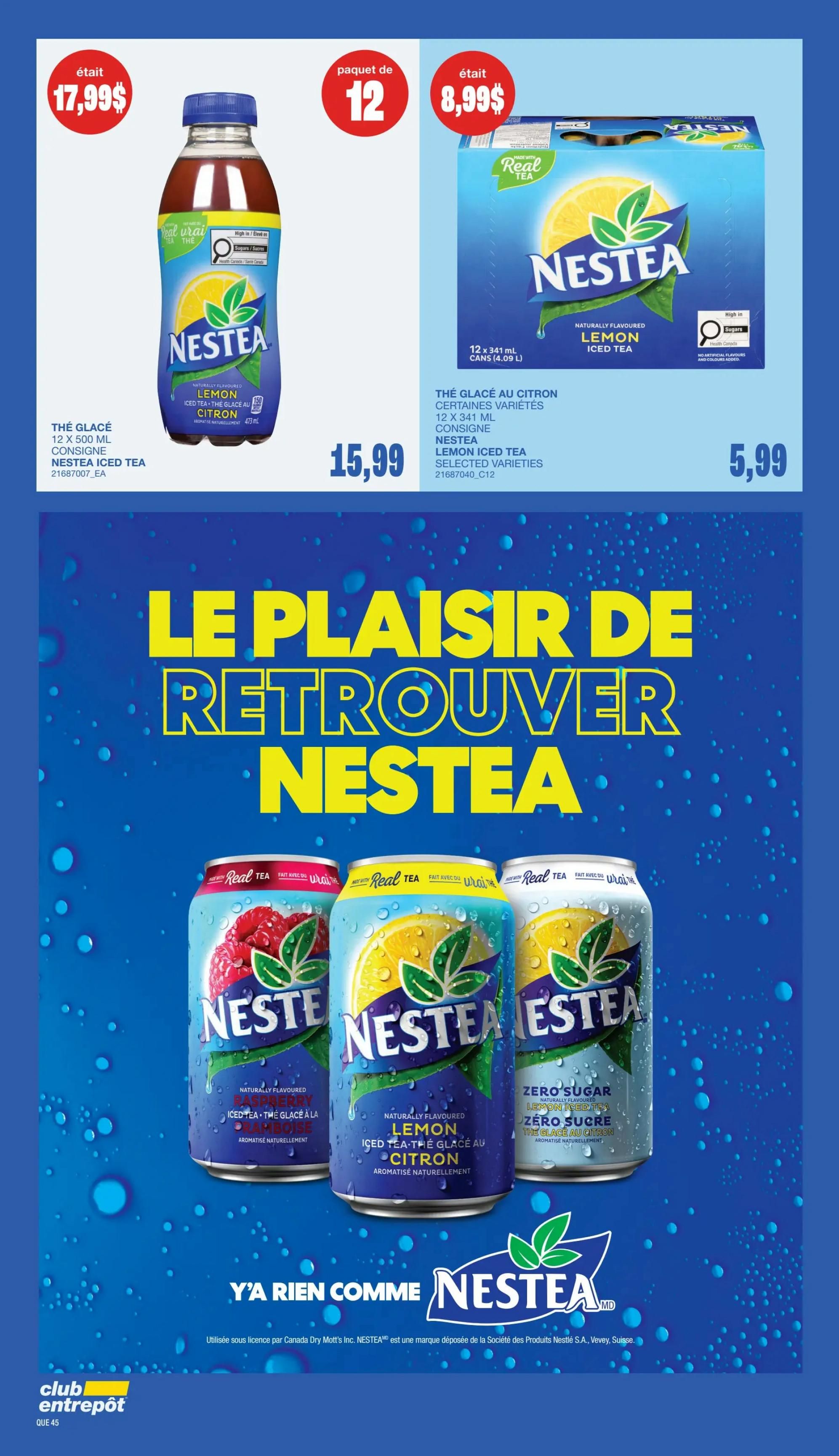 Wholesale Club flyer page 42 features Nestea Iced Tea. A 12 x 500 mL bottle of Nestea Iced Tea is on sale for $17.99. A 12-pack of Nestea Lemon Iced Tea, 341 mL cans, is priced at $5.99. The page also highlights Nestea Iced Tea cans in Raspberry, Lemon, and Zero Sugar Lemon flavours, with the slogan 'There's nothing like Nestea'.