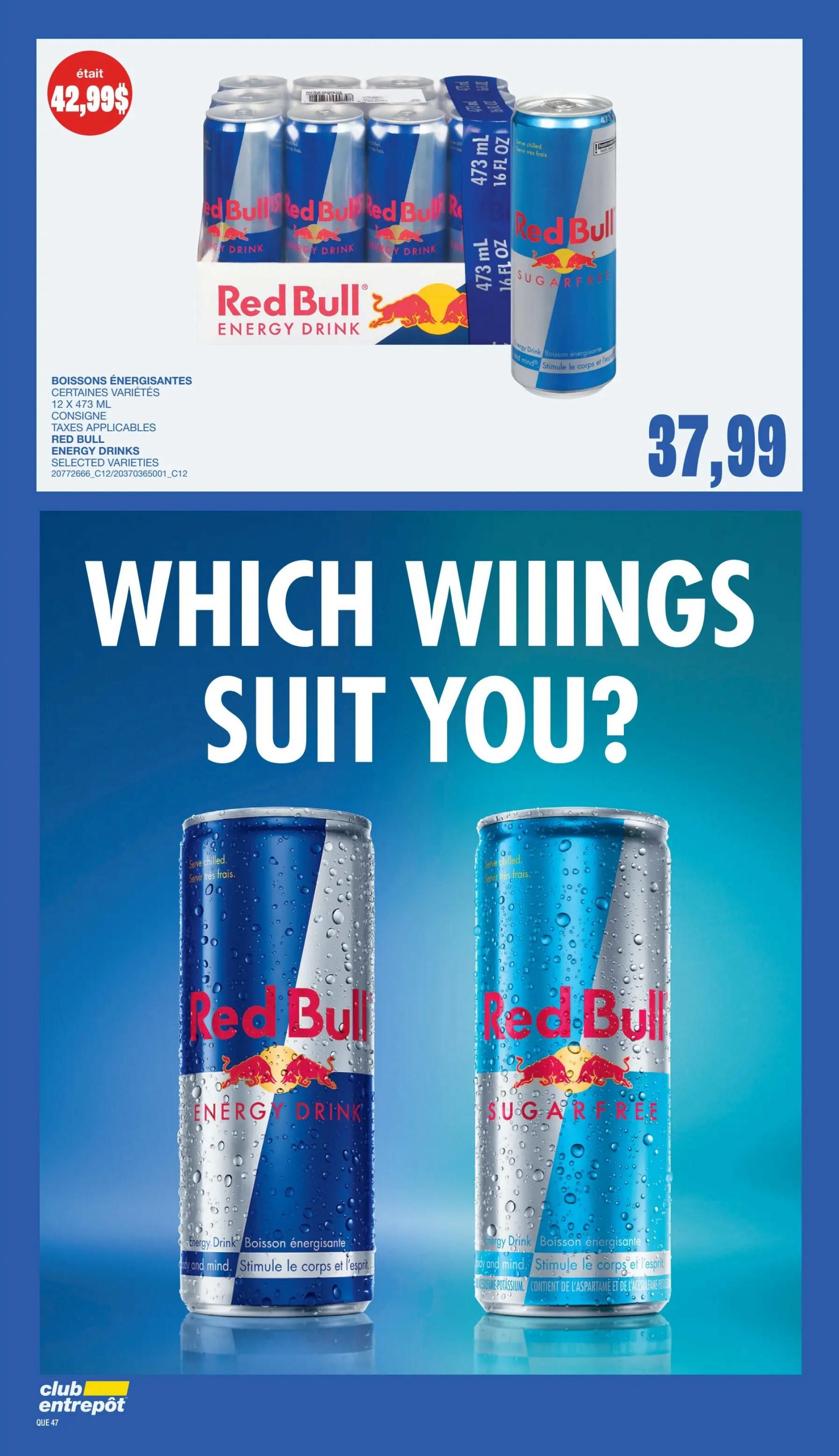 Wholesale Club flyer page 44 features Red Bull Energy Drinks in selected varieties, available in a 12 x 473 mL pack for $37.99. A previous price of $42.99 is crossed out, indicating a sale. The page also displays individual cans of Red Bull Energy Drink and Red Bull Sugarfree, with the tagline 'Which wings suit you?'.