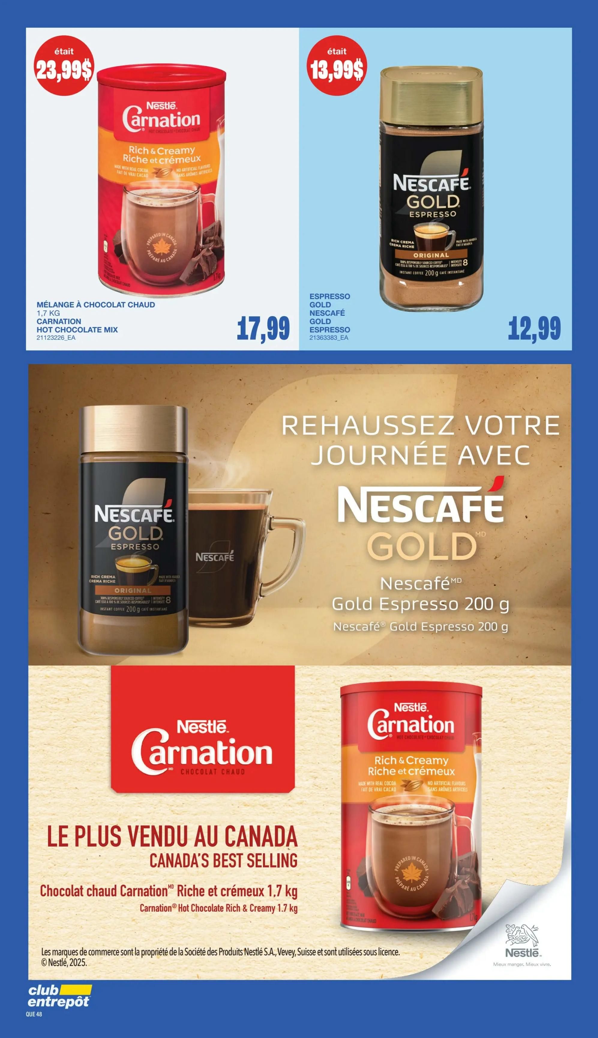Wholesale Club flyer page 45 features Nestlé Carnation Hot Chocolate Mix, Rich & Creamy, 1.7 kg, for $23.99. Also available is Nescafé Gold Espresso Instant Coffee, 200 g, for $12.99. The page highlights 'Rehaussez Votre Journée Avec Nescafé Gold Espresso', showcasing a mug of coffee and a jar of Nescafé Gold Espresso 200 g. Another featured item is Carnation Hot Chocolate Rich & Creamy 1.7 kg, described as 'Canada's Best Selling' hot chocolate mix.