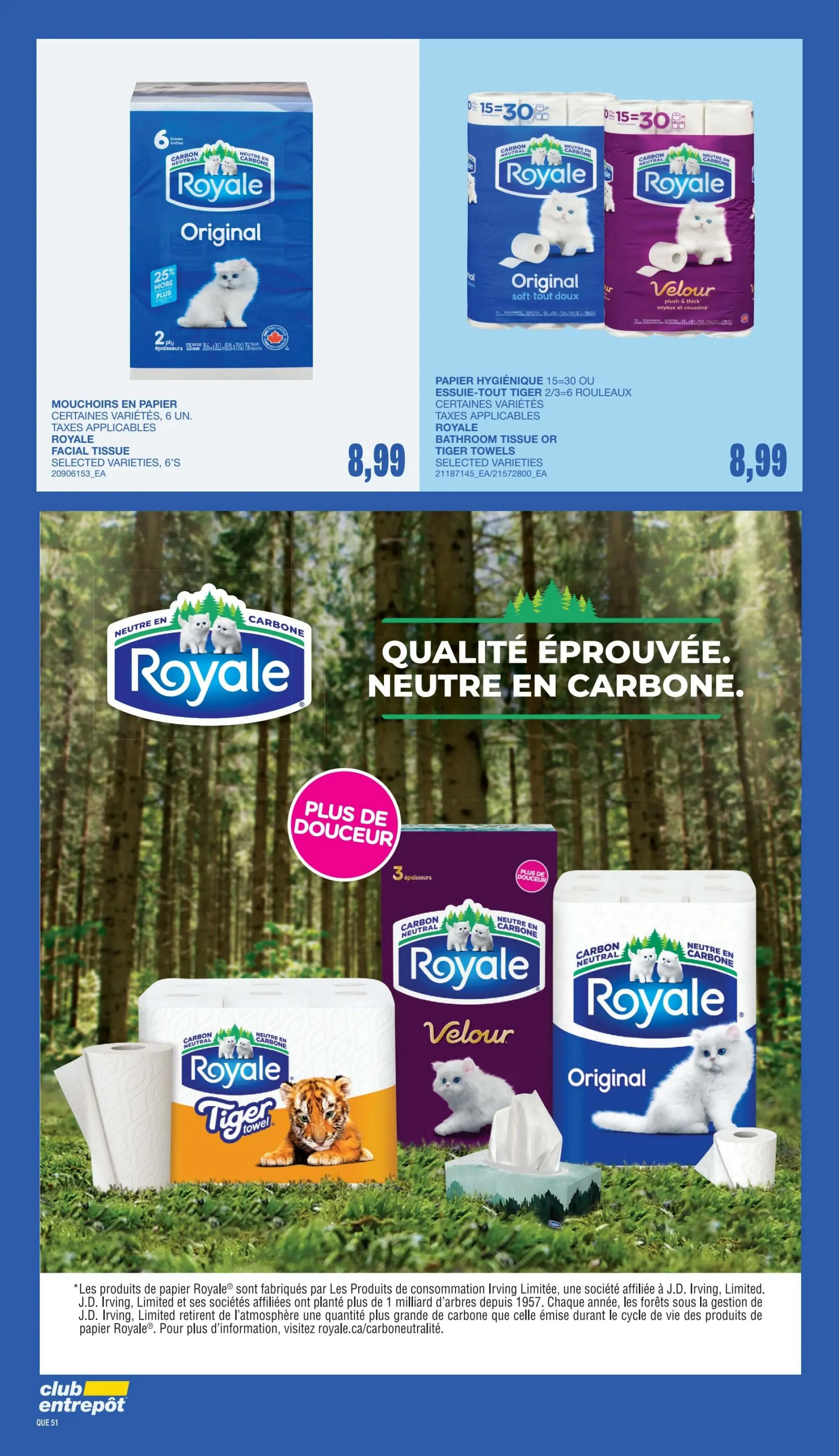 Wholesale Club flyer page 48 features Royale products. On the left, a 6-box pack of Royale Original Facial Tissue, 2-ply, is priced at $8.99. To the right, a 15-roll pack of Royale Original Bathroom Tissue or Tiger Towels, 2/3 ply, is also $8.99. The page highlights Royale's commitment to carbon neutrality and quality, with images of Royale Original Facial Tissue, Royale Velour Bathroom Tissue, and Royale Tiger Towel products displayed in a forest setting. The text 'Qualité éprouvée. Neutre en carbone.' translates to 'Proven quality. Carbon neutral.