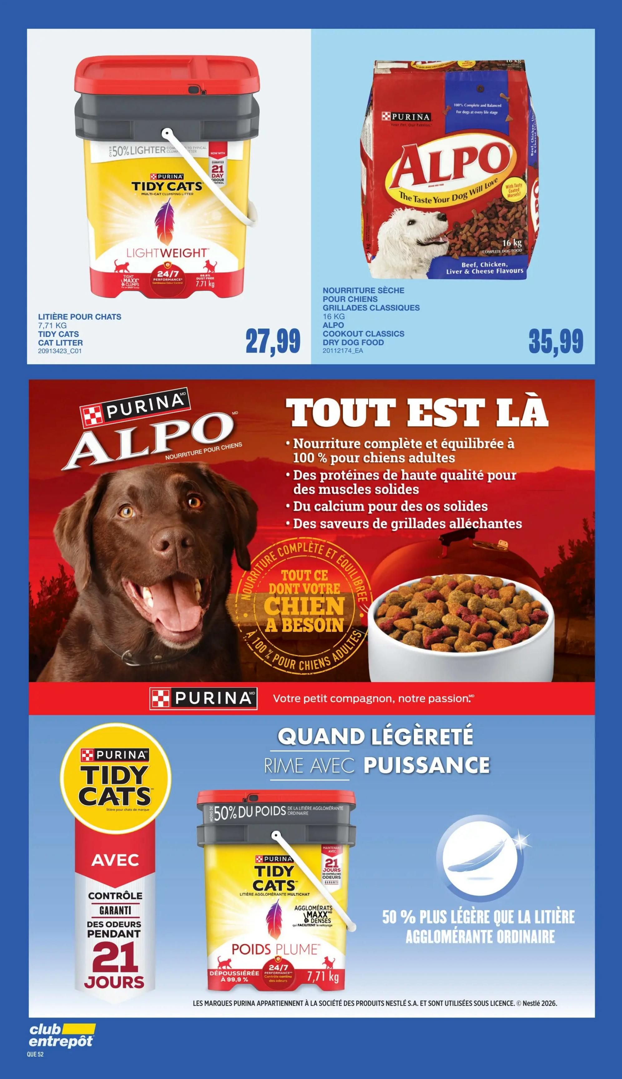 Wholesale Club flyer page 49 features Purina Tidy Cats Lightweight Multi-Cat Clumping Litter in a 7.71 kg container for $27.99, offering 21-day guaranteed odour control and 24/7 performance. It is 50% lighter than typical clumping litter and 99.9% dust-free. Also featured is Purina Alpo Cookout Classics Dry Dog Food, a 16 kg bag of beef, chicken, liver & cheese flavours, priced at $35.99. This dog food is 100% complete and balanced for all life stages, providing high-quality protein for solid muscles, calcium for bones, and grilled flavours.