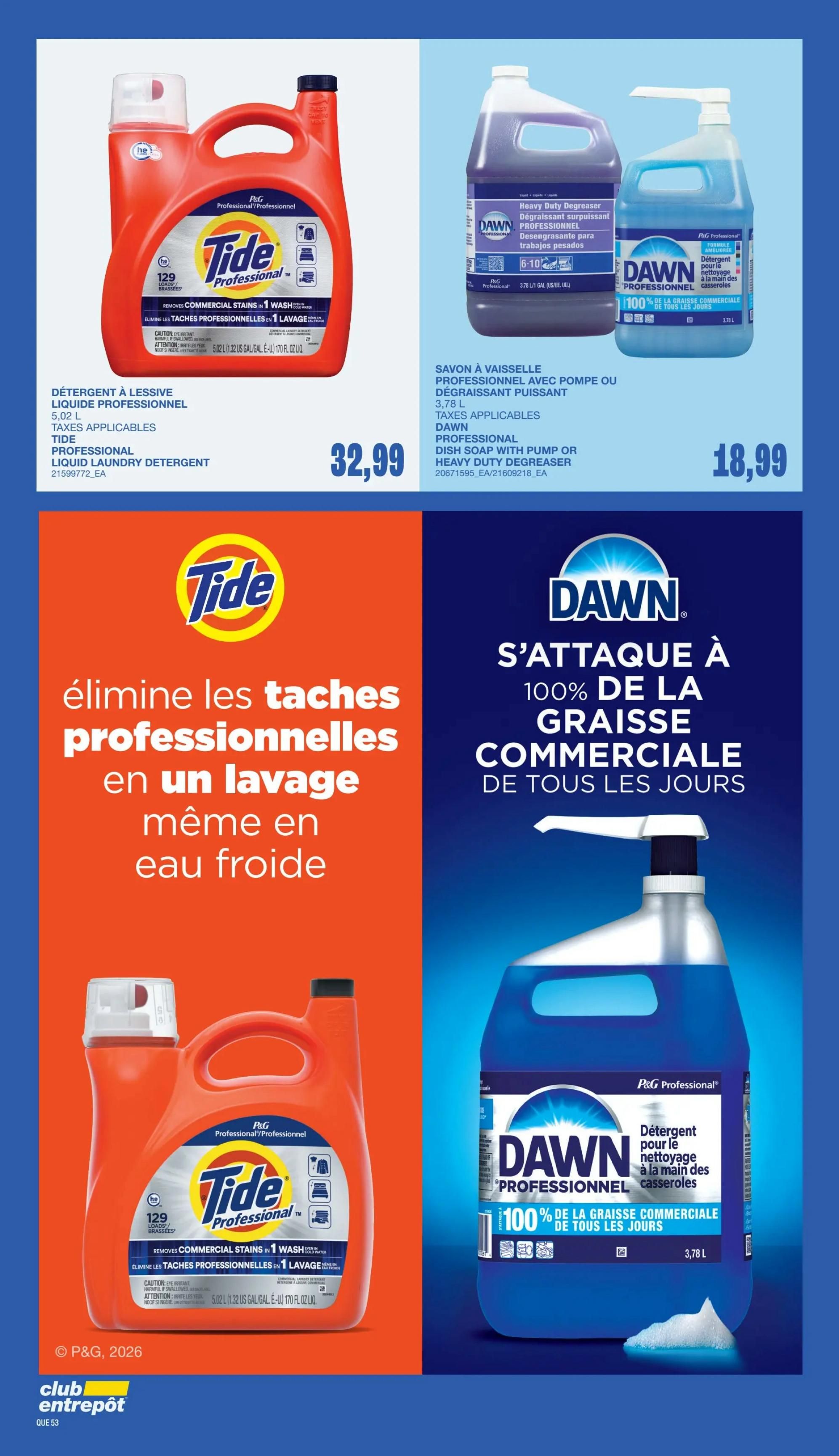 Wholesale Club flyer page 50 features P&G Professional cleaning products. On the left, Tide Professional Liquid Laundry Detergent, 5.02 L, is priced at $32.99. It claims to remove commercial stains in one wash, even in cold water. On the right, Dawn Professional Dish Soap with Pump Heavy Duty Degreaser, 3.78 L, is priced at $18.99. It is advertised to tackle 100% of commercial grease every day.