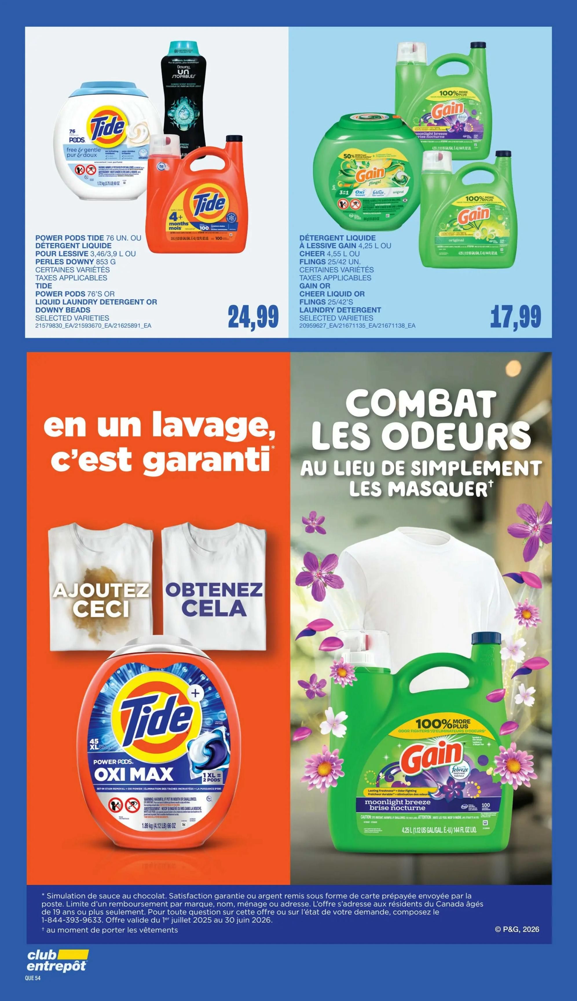 Wholesale Club flyer page 51 features laundry detergents. Top left shows Tide Power Pods 76 units or liquid laundry detergent or Downy beads in selected varieties for $24.99. Top right displays Gain liquid laundry detergent 4.25 L in Moonlight Breeze or Original scents for $17.99. The bottom section has a graphic illustrating stain removal with the text 'Add this, get that' and features Tide Oxi Max Power Pods. A large banner promotes combating odors, not just masking them, with Gain products.