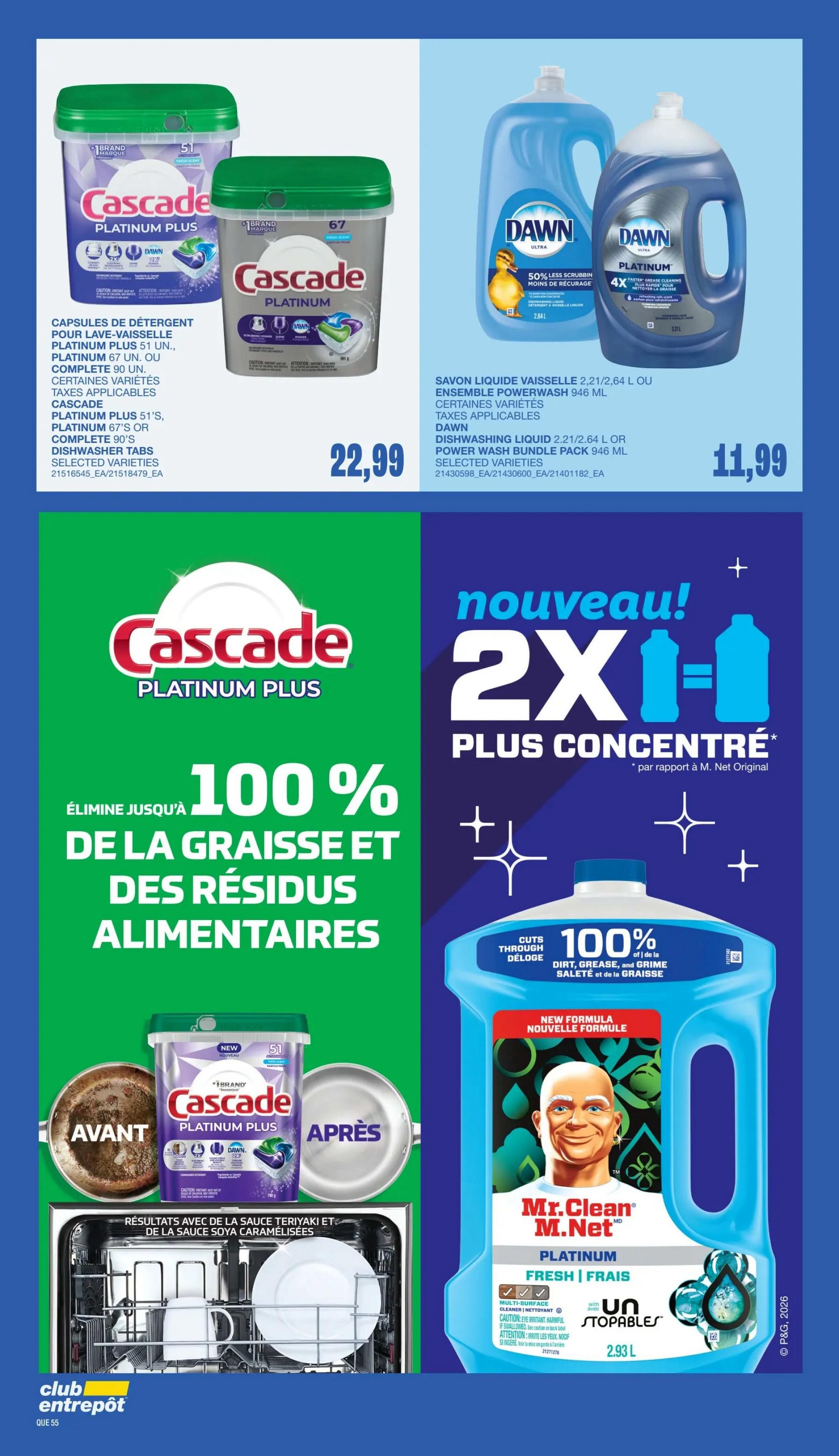 Wholesale Club flyer page 52 features Cascade Platinum Plus dishwasher detergent pods in 51-unit or 67-unit sizes for $22.99 each, and 90-unit Complete size. Also on sale is Dawn Platinum Dishwashing Liquid Power Wash bundle in 2.21 L or 2.64 L sizes, or 946 mL pack for $11.99. The page highlights Cascade Platinum Plus's ability to remove up to 100% of grease and food residue, showing a 'before' image of a dirty pan and an 'after' image of a clean dishwasher interior. A large graphic promotes Mr. Clean Clean Freak Mist in Fresh scent, 2.93 L, as being 2X more concentrated than original Mr. Net.