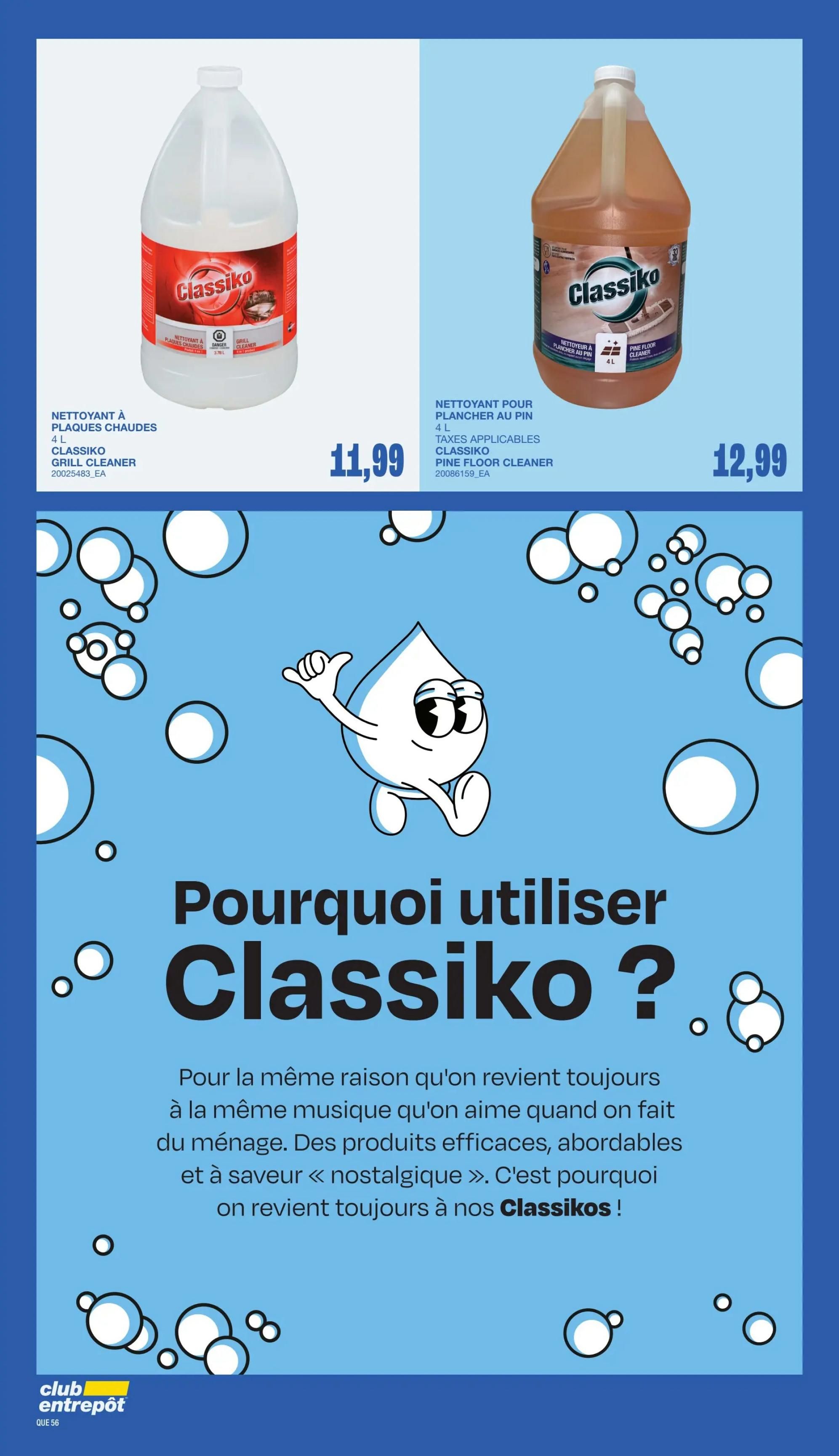 Wholesale Club flyer specials page 53 features Classiko cleaning products. On the left, Classiko Grill Cleaner, 4 L, is priced at $11.99. On the right, Classiko Pine Floor Cleaner, 4 L, is priced at $12.99. The page also includes a graphic and text asking 'Why use Classiko?' highlighting effective and affordable products.