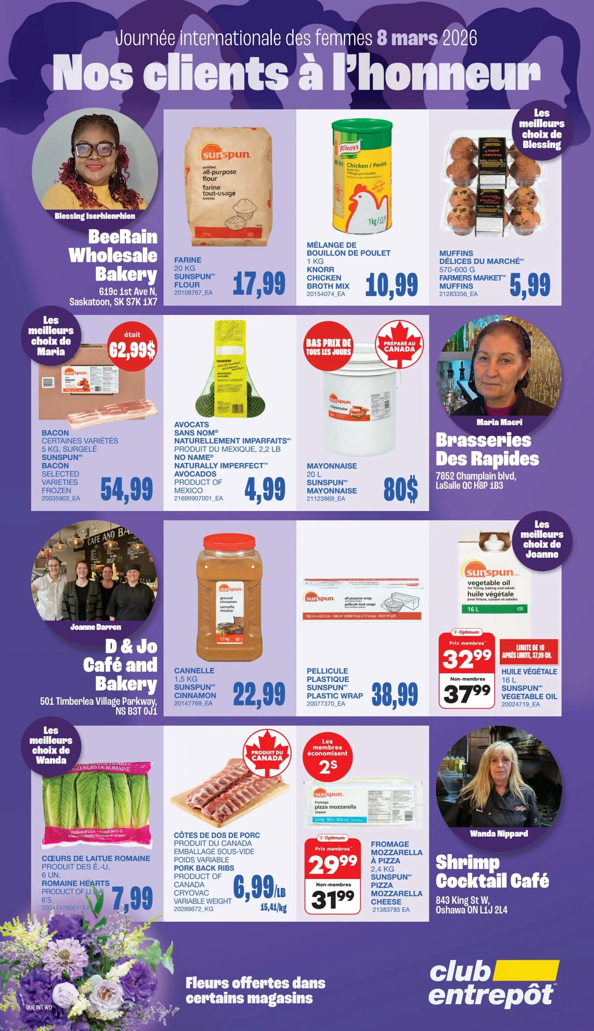 Wholesale Club flyer page 54 features a variety of products and local businesses. Highlights include Sunspun all-purpose flour for $17.99, Knorr Chicken Broth Mix for $10.99, and Farmers Market Muffins for $5.99. Sunspun Bacon (selected varieties, frozen, 5 kg) is priced at $54.99. Naturally Imperfect Avocados (2.2 lb) are $4.99. A large 20 L tub of Sunspun Mayonnaise is available for $80. Sunspun Ground Cinnamon (1.5 kg) costs $22.99, and Sunspun Plastic Wrap is $38.99. Romaine Hearts (product of USA, 6 count) are $7.99. Pork Back Ribs (vacuum-sealed, product of Canada) are $6.99/lb or $15.41/kg. Sunspun Pizza Mozzarella Cheese (2.4 kg) is $29.99 for members and $31.99 for non-members. Sunspun Vegetable Oil (16 L) is $32.99 for members and $37.99 for non-members, with a limit of 10 per customer. The page also showcases 'Les meilleurs choix' (Best Picks) from Blessing Iserhienrhien of BeeRain Wholesale Bakery, Maria Macri of Brasseries Des Rapides, Joanne Darren of D & Jo Café and Bakery, and Wanda Nippard of Shrimp Cocktail Café, along with their addresses. The page celebrates 'Journée internationale des femmes 8 mars 2026' (International Women's Day March 8, 2026) with the theme 'Nos clients à l'honneur' (Our clients in honour of our clients).