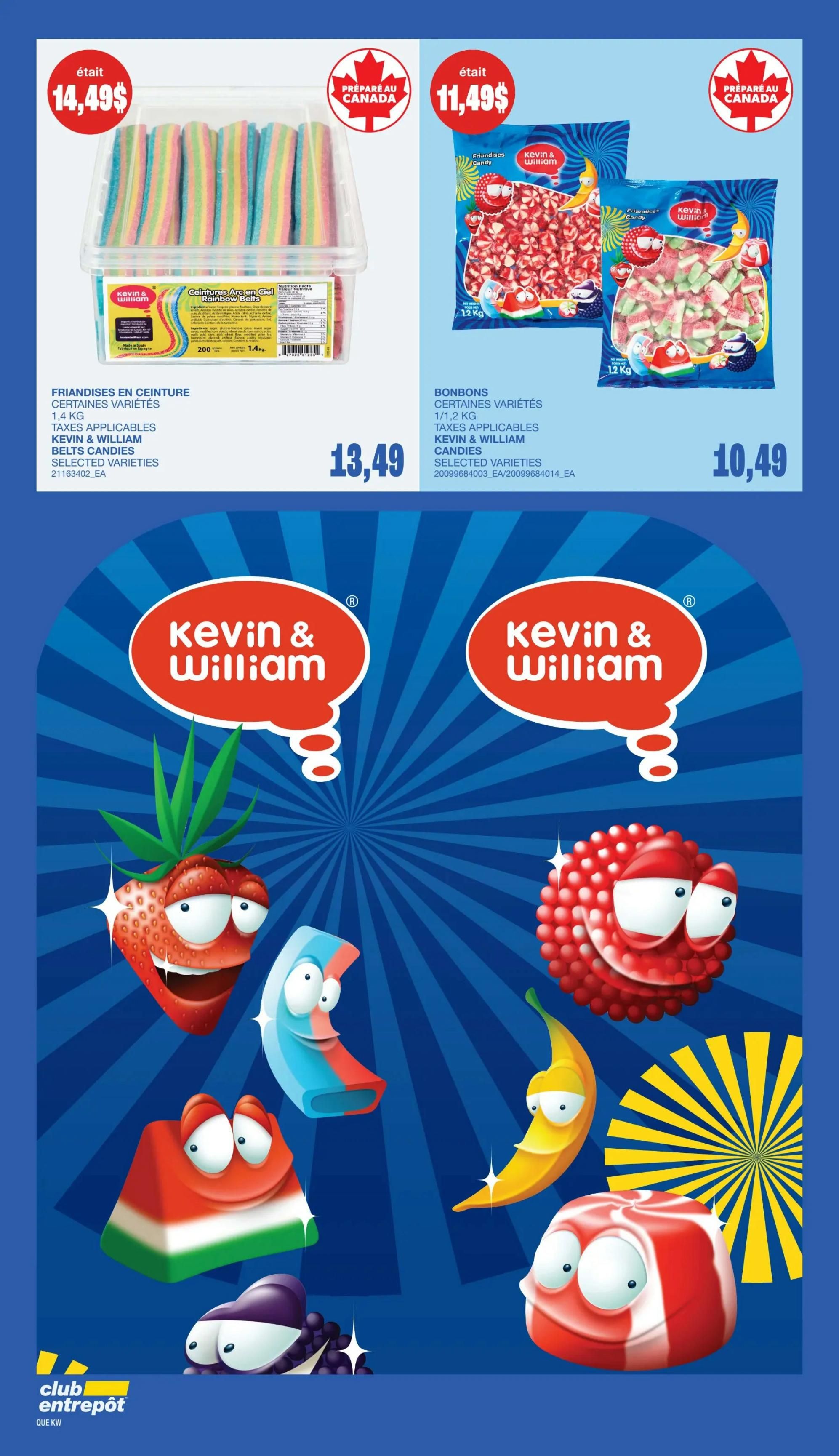 Wholesale Club flyer specials page 55 features Kevin & William candies. On the left, Rainbow Belts candy is priced at $14.49 for a 1.4 kg container, prepared in Canada. On the right, Kevin & William candies, selected varieties, are available in two bags: one with strawberry and watermelon shapes for $10.49 per 1.2 kg bag, and another with red and white swirl candies, also $10.49 per 1.2 kg bag. Both bags are also prepared in Canada. The background features cartoon fruit characters.