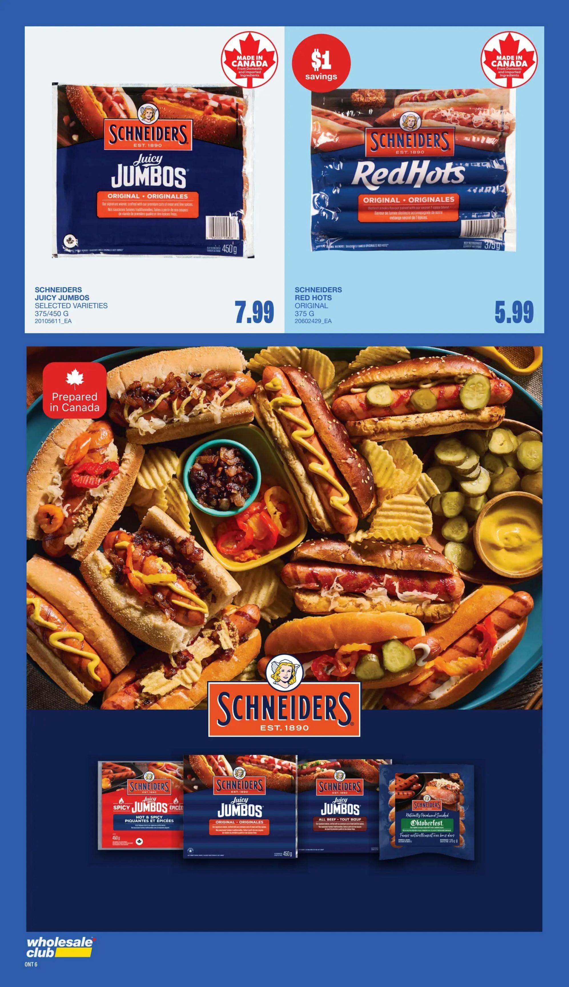 Wholesale Club Ontario flyer specials page 6 features Schineiders Juicy Jumbos Original hot dogs, 375/450g, for $7.99. Also featured are Schineiders Red Hots Original hot dogs, 375g, for $5.99 with a $1 savings. The page includes a large appetizing image of various Schineiders hot dogs prepared in buns with toppings like mustard, relish, onions, and pickles, alongside potato chips. Below the image, several Schineiders products are displayed including Juicy Jumbos Spicy, Juicy Jumbos Original, Juicy Jumbos All Beef, and Schineiders Naturally Hardwood Smoked Oktoberfest sausages.