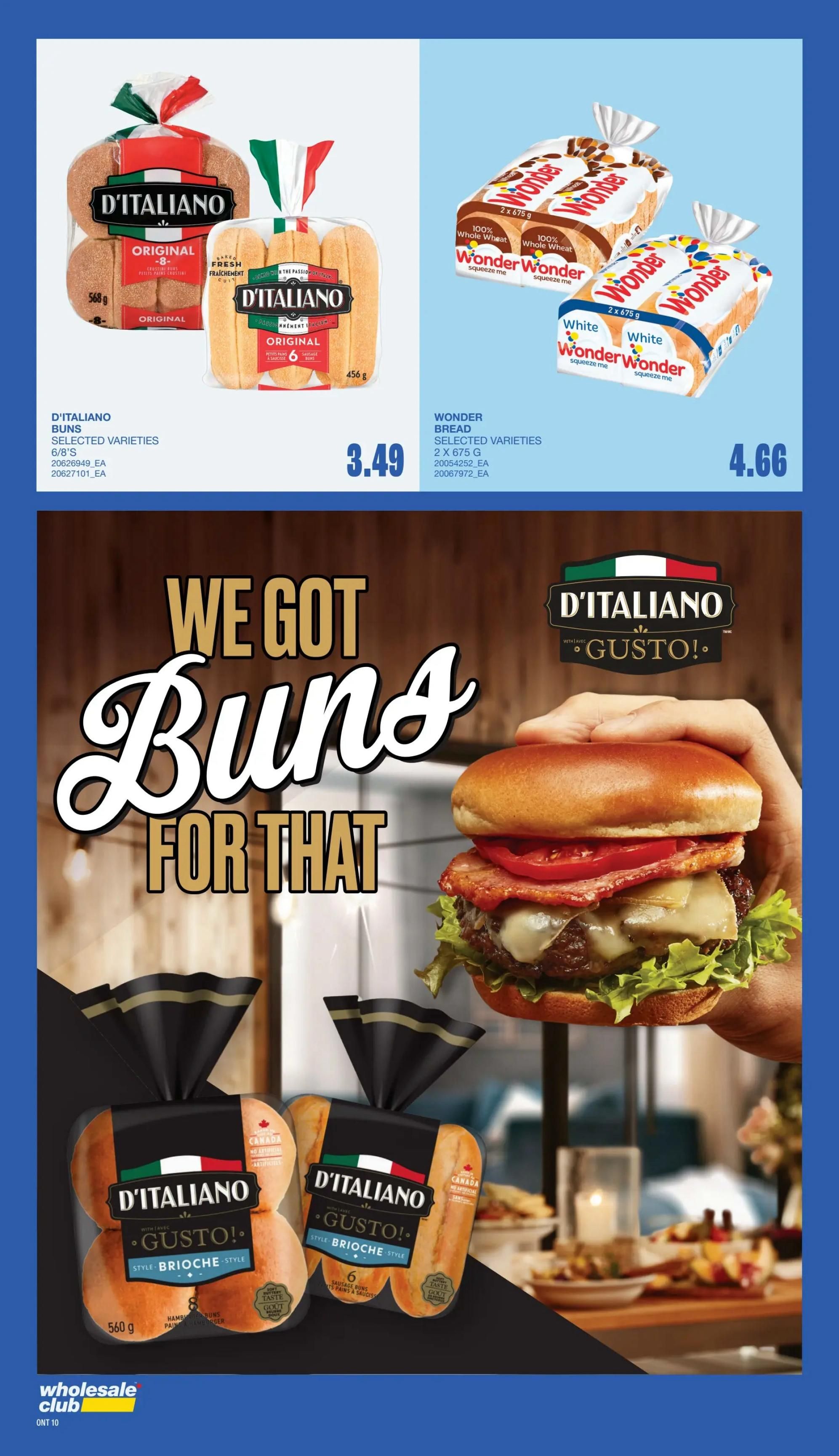 Wholesale Club flyer page 8 features D'Italiano Original buns, 8 count, 568g for $3.49, and Wonder Bread, selected varieties, 2 x 675g for $4.66. The page also highlights D'Italiano Gusto! Brioche style buns, 6 count, 560g. A large graphic promotes 'We Got Buns For That' with an image of a gourmet burger.