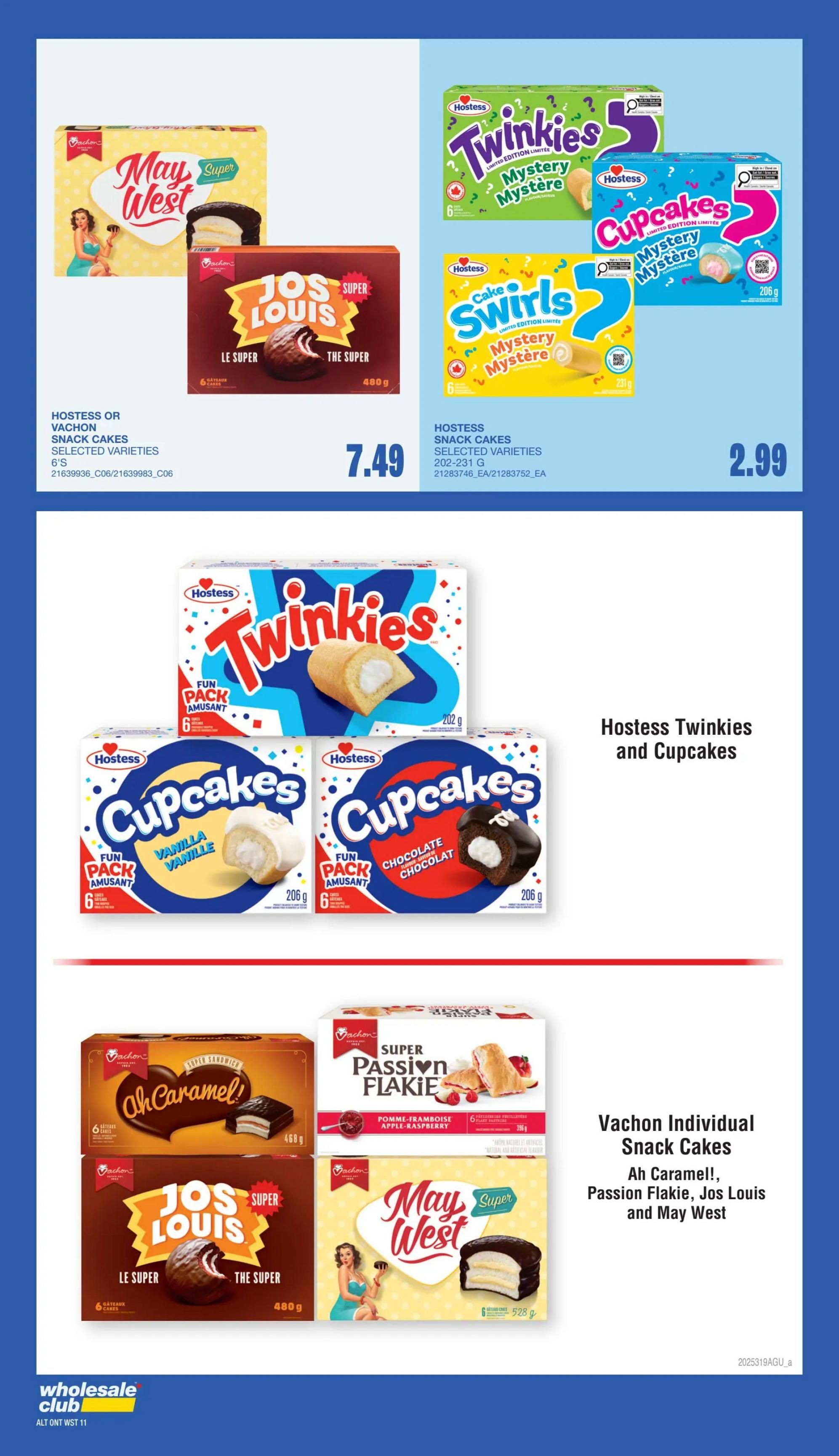 Page 9 of the Wholesale Club flyer features a variety of snack cakes. On the top left, Hostess or Vachon Snack Cakes in selected varieties, 6's, are priced at $7.49. To the right, Hostess Mystery Twinkies and Mystery Cupcakes are shown, with the Mystery Cupcakes priced at $2.99. The bottom section highlights Vachon Individual Snack Cakes including Ah Caramel!, Passion Flakie (Apple Raspberry flavour), Jos Louis, and May West. The Jos Louis snack cakes are 480g and the May West snack cakes are 528g. Hostess Twinkies and Cupcakes are also featured with 6 cakes per pack.