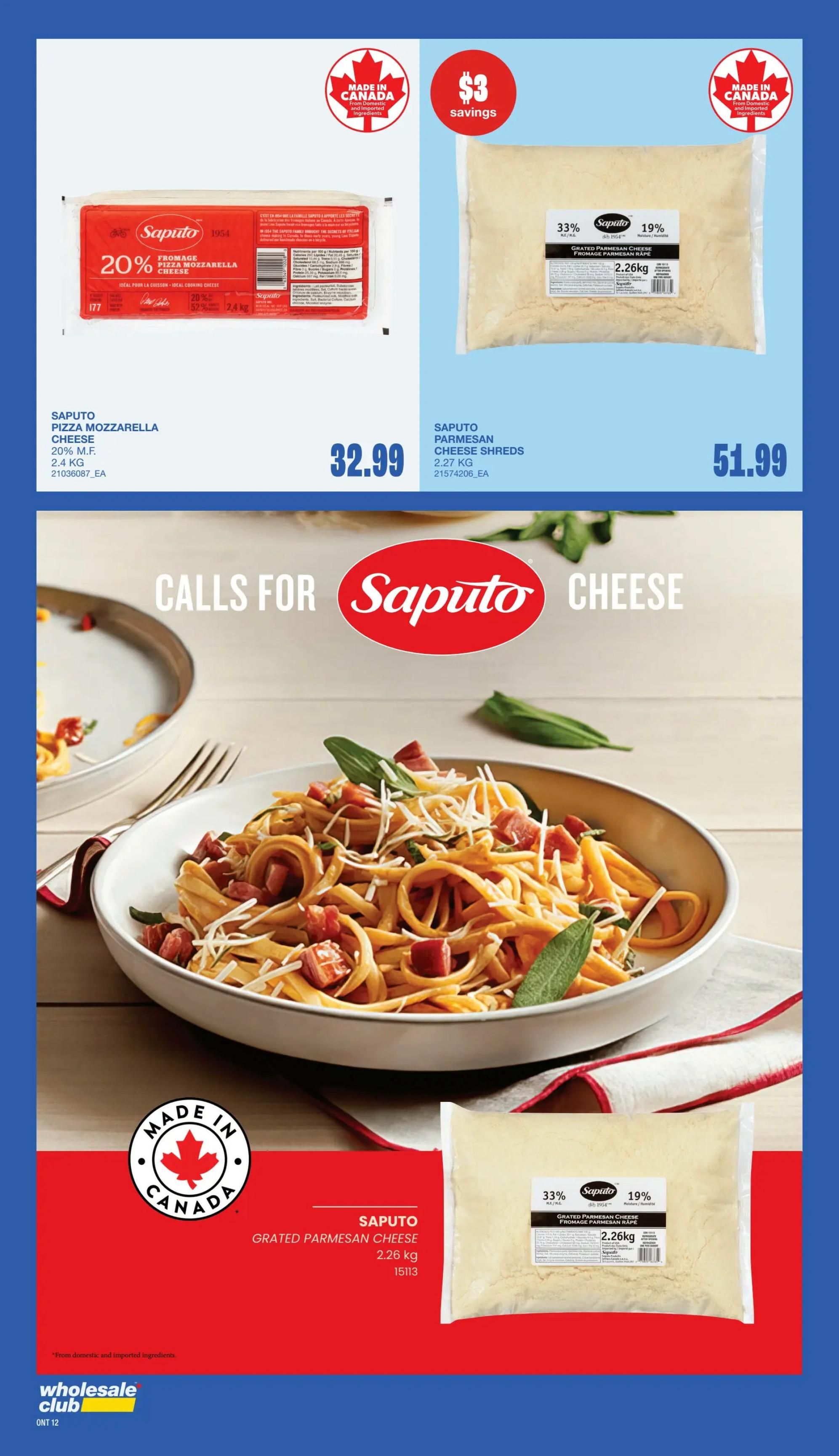 Wholesale Club flyer page 10 features Saputo cheese products. On the top left, Saputo Pizza Mozzarella Cheese, 2.4 kg, is on sale for $32.99 and has a 20% discount. On the top right, Saputo Parmesan Cheese Shreds, 2.27 kg, is available for $51.99 with $3 savings. The page also includes a large image of a pasta dish topped with cheese and a 'Calls for Saputo Cheese' graphic. At the bottom right, Saputo Grated Parmesan Cheese, 2.26 kg, is shown.